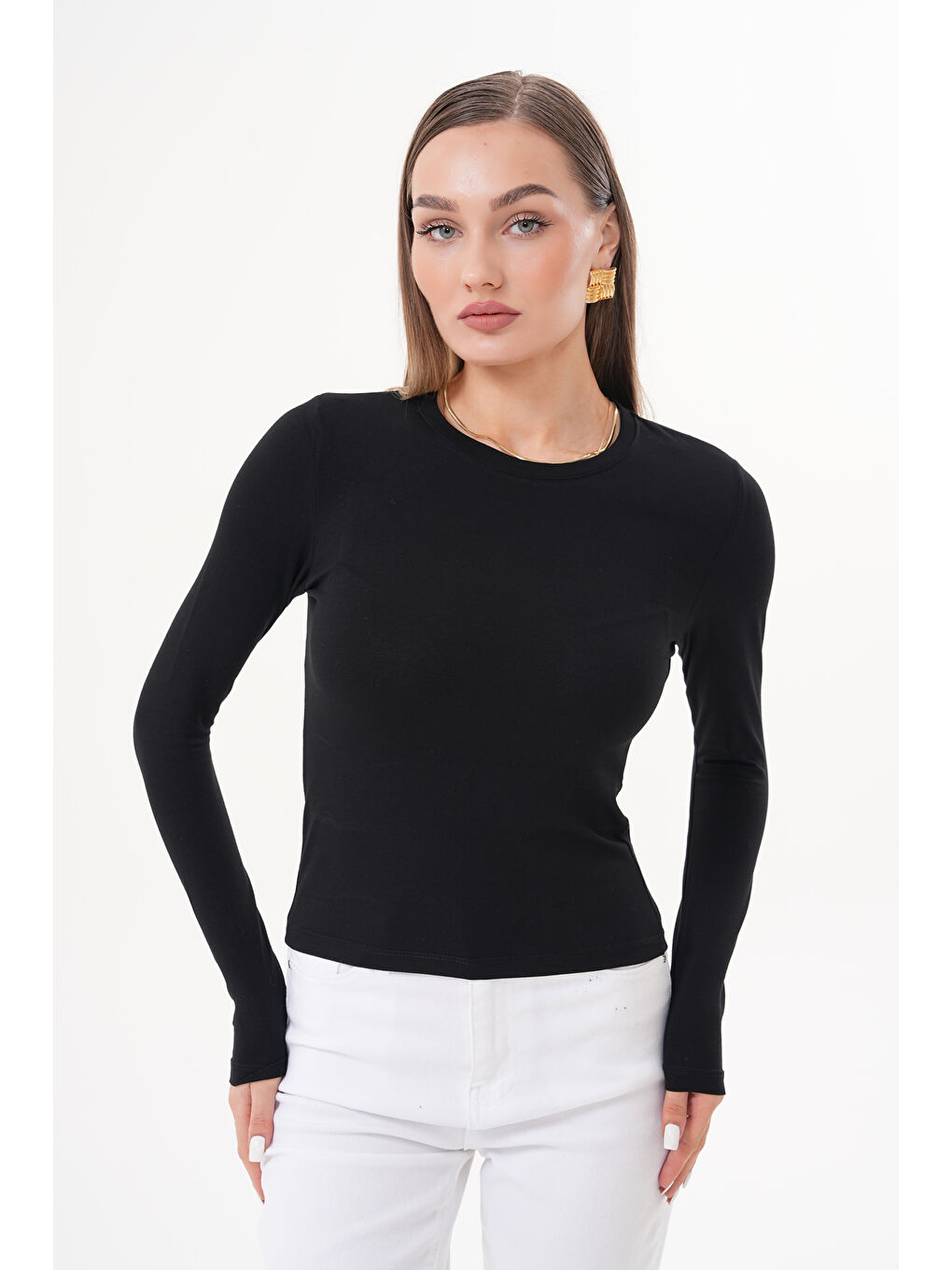 Siyah Uzun Kollu Kısa Kadın Bluz Long Fitted UZUNKOL-BLUZ-1