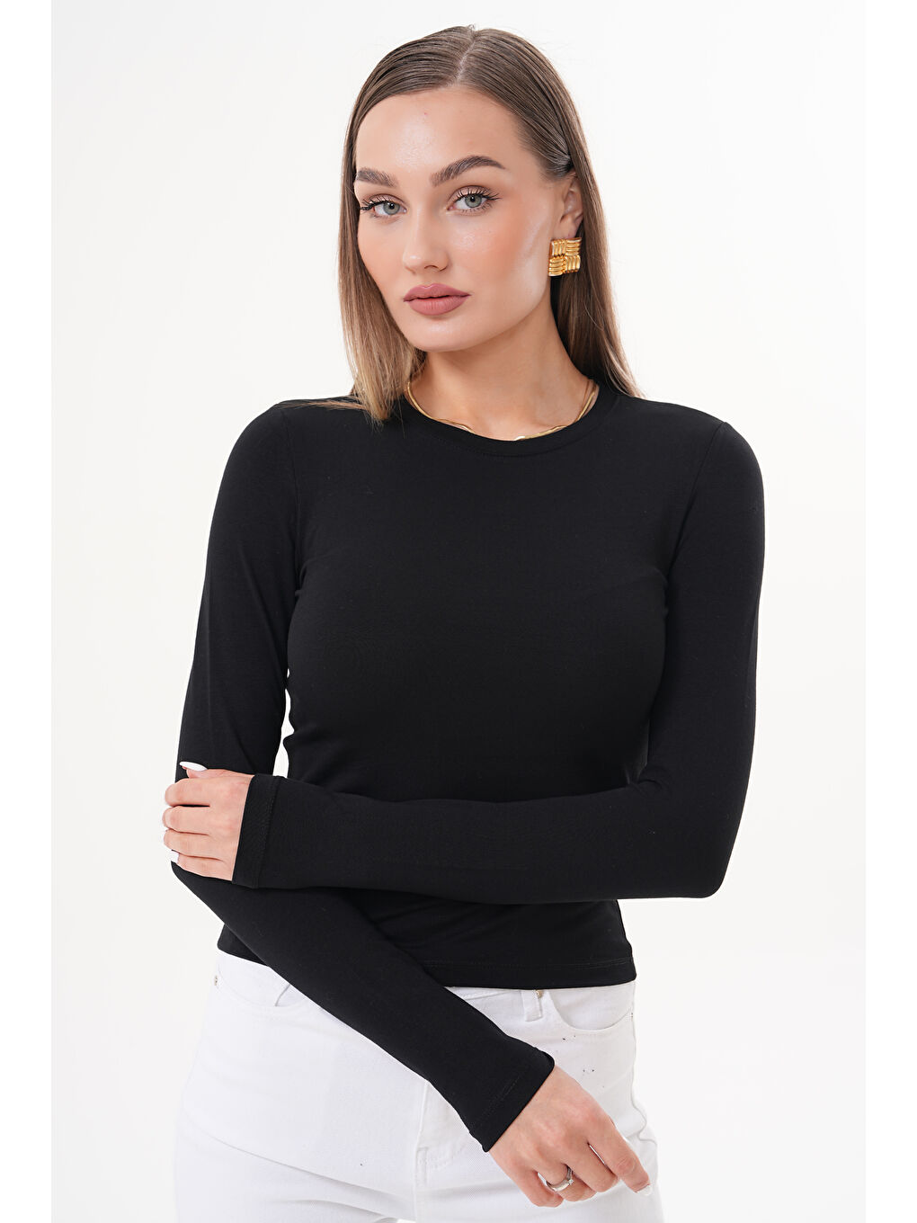 Siyah Uzun Kollu Kısa Kadın Bluz Long Fitted UZUNKOL-BLUZ-2