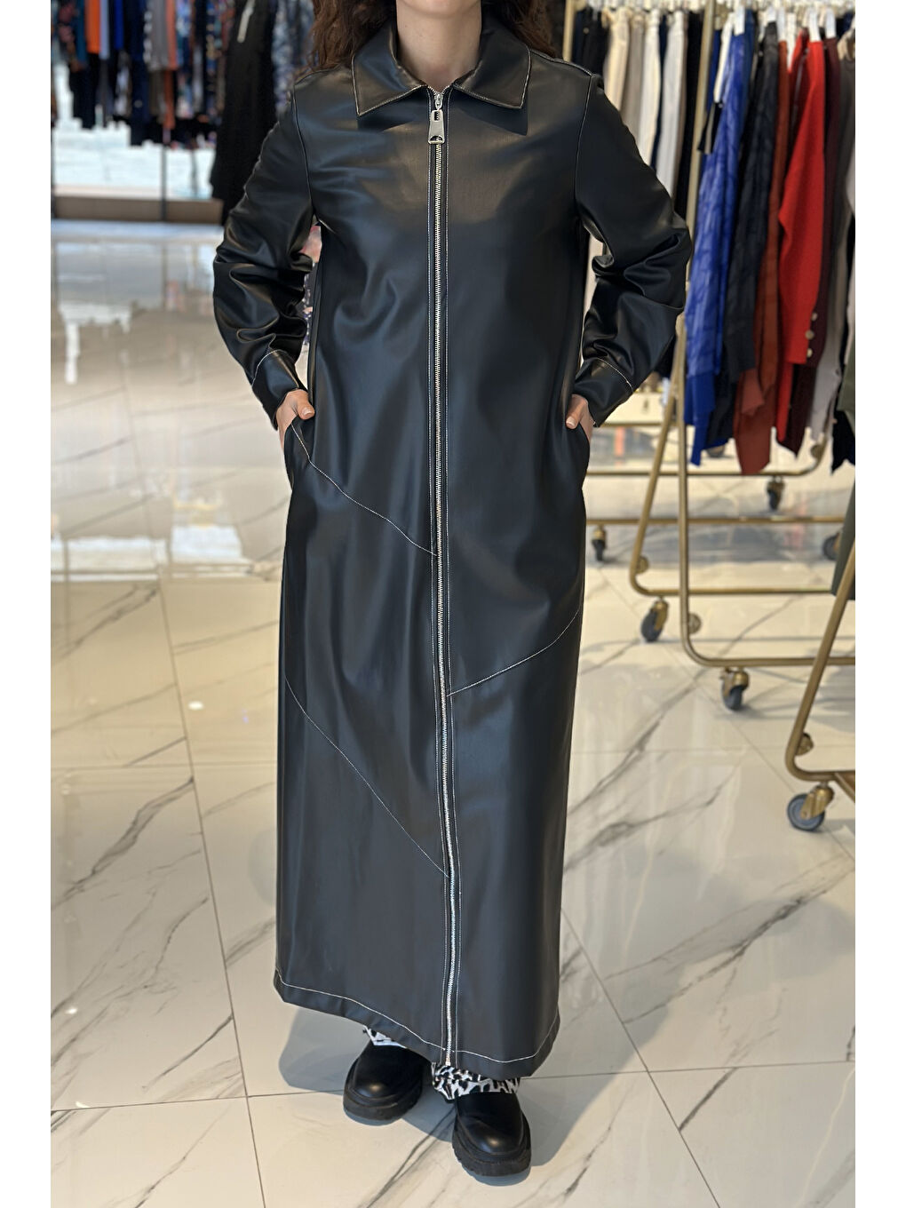 Tam Boy Kap Uzun Fermuarlı Deri Ceket 6015 Siyah-2