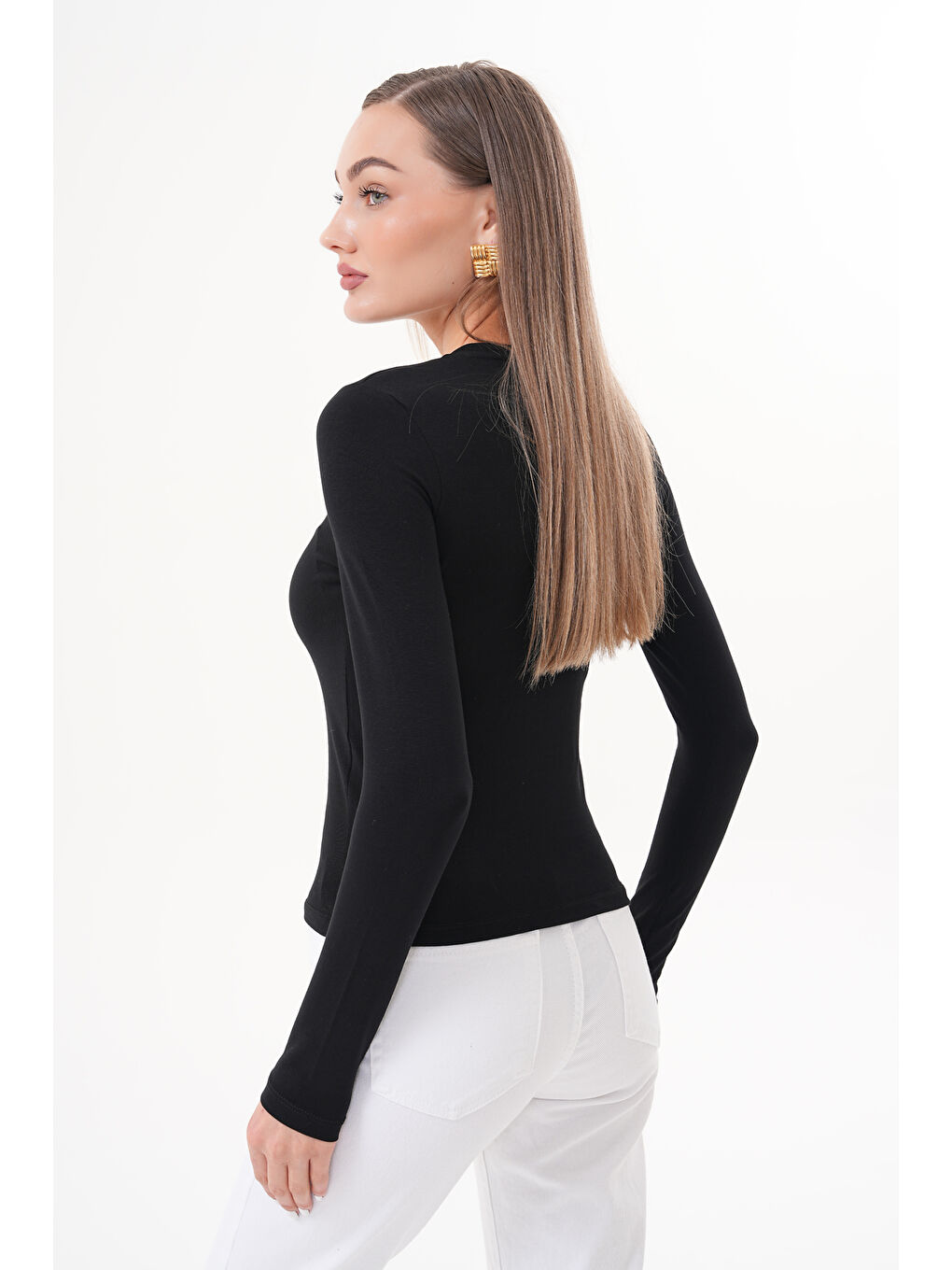 Siyah Uzun Kollu Kısa Kadın Bluz Long Fitted UZUNKOL-BLUZ-3