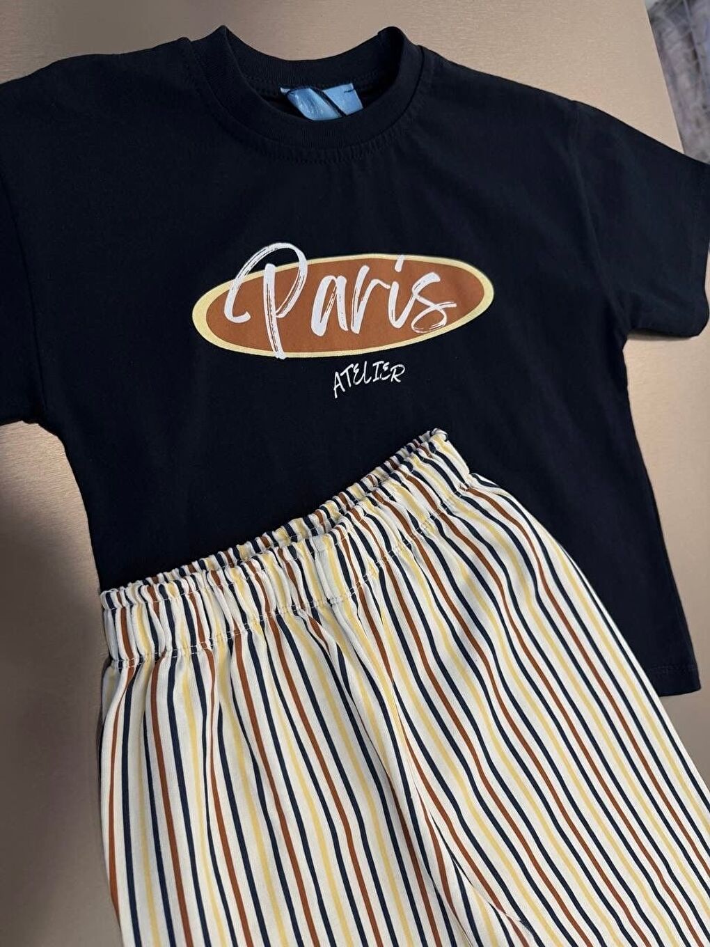 Karışık Erkek Çocuk Pamuklu Lacivert Paris Baskılı Tişört Çizgili Eşofman Takım-3