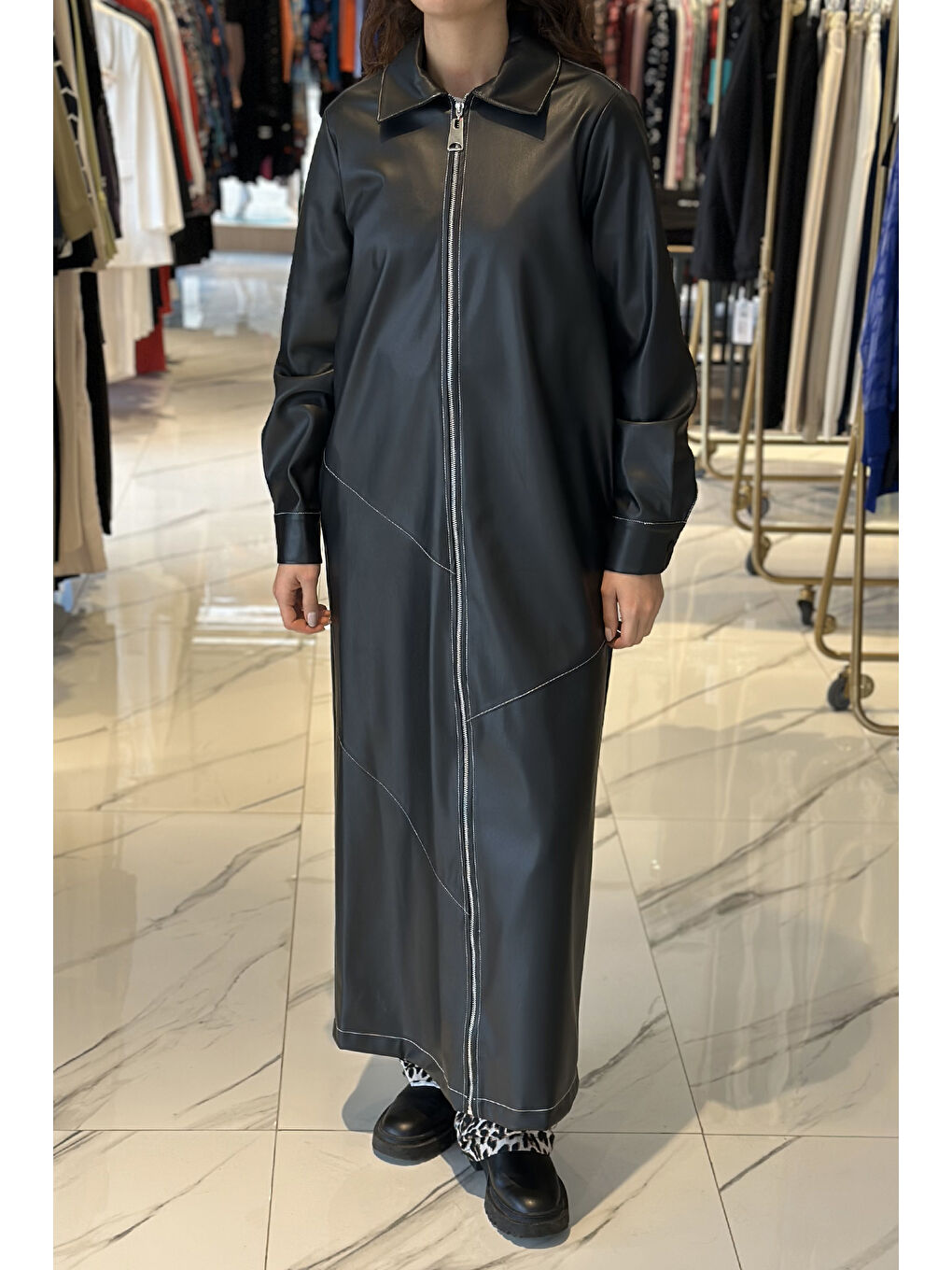 Tam Boy Kap Uzun Fermuarlı Deri Ceket 6015 Siyah-3