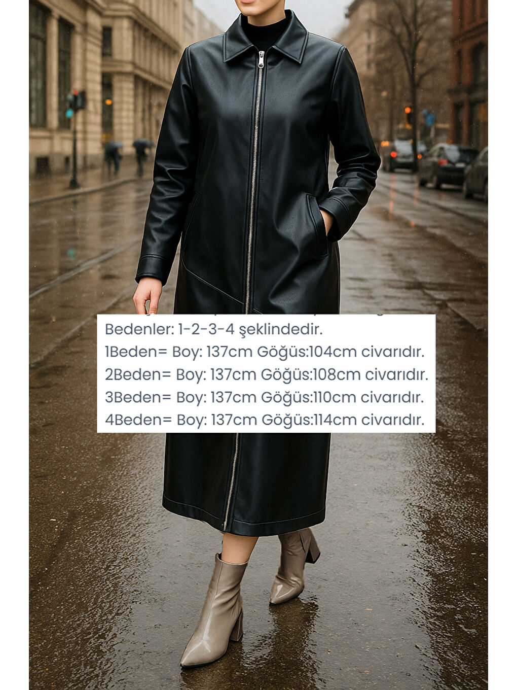Tam Boy Kap Uzun Fermuarlı Deri Ceket 6015 Siyah-4