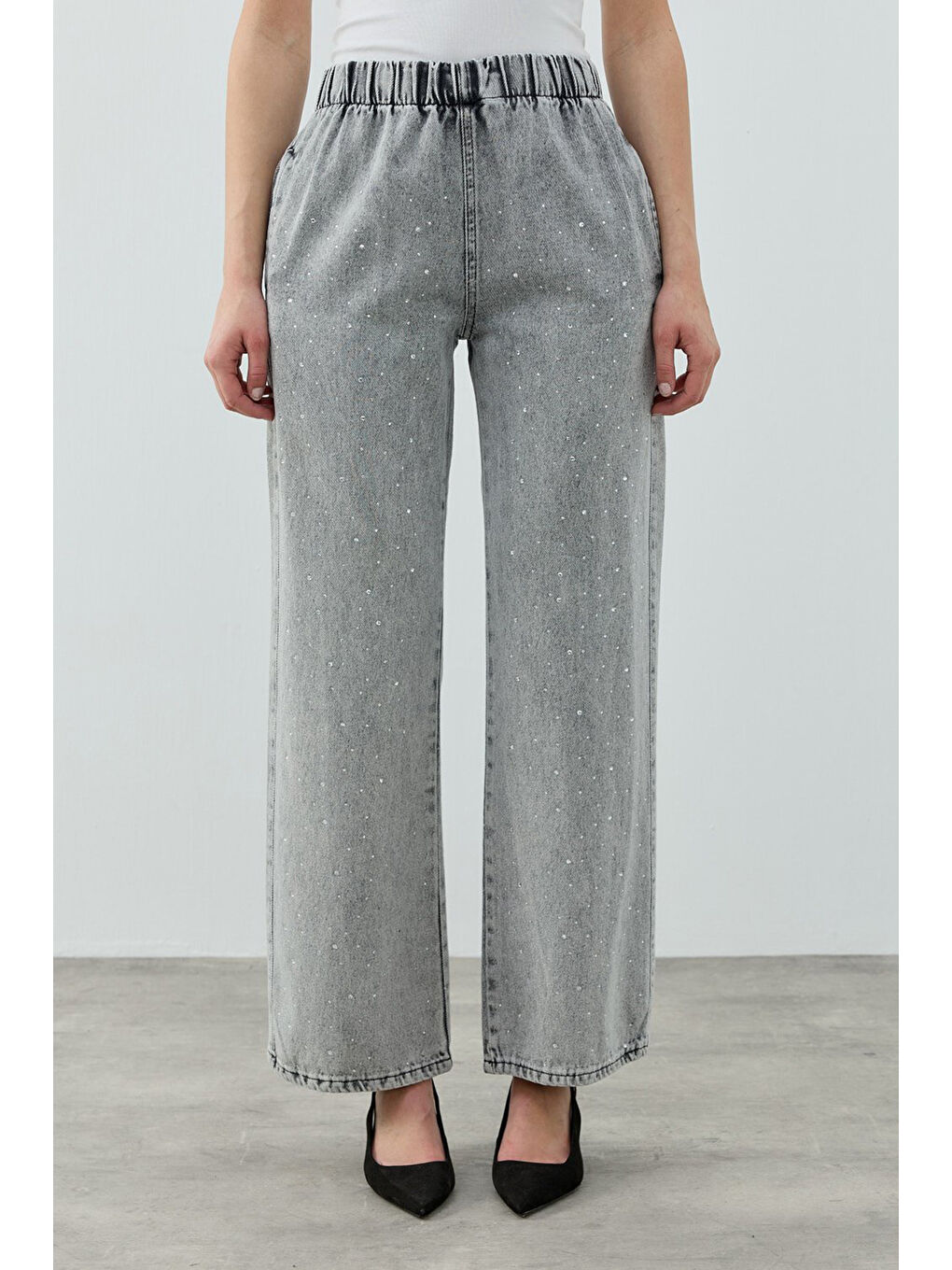Taşlı Palazzo Denim Pantolon 1693 Koyu Gri