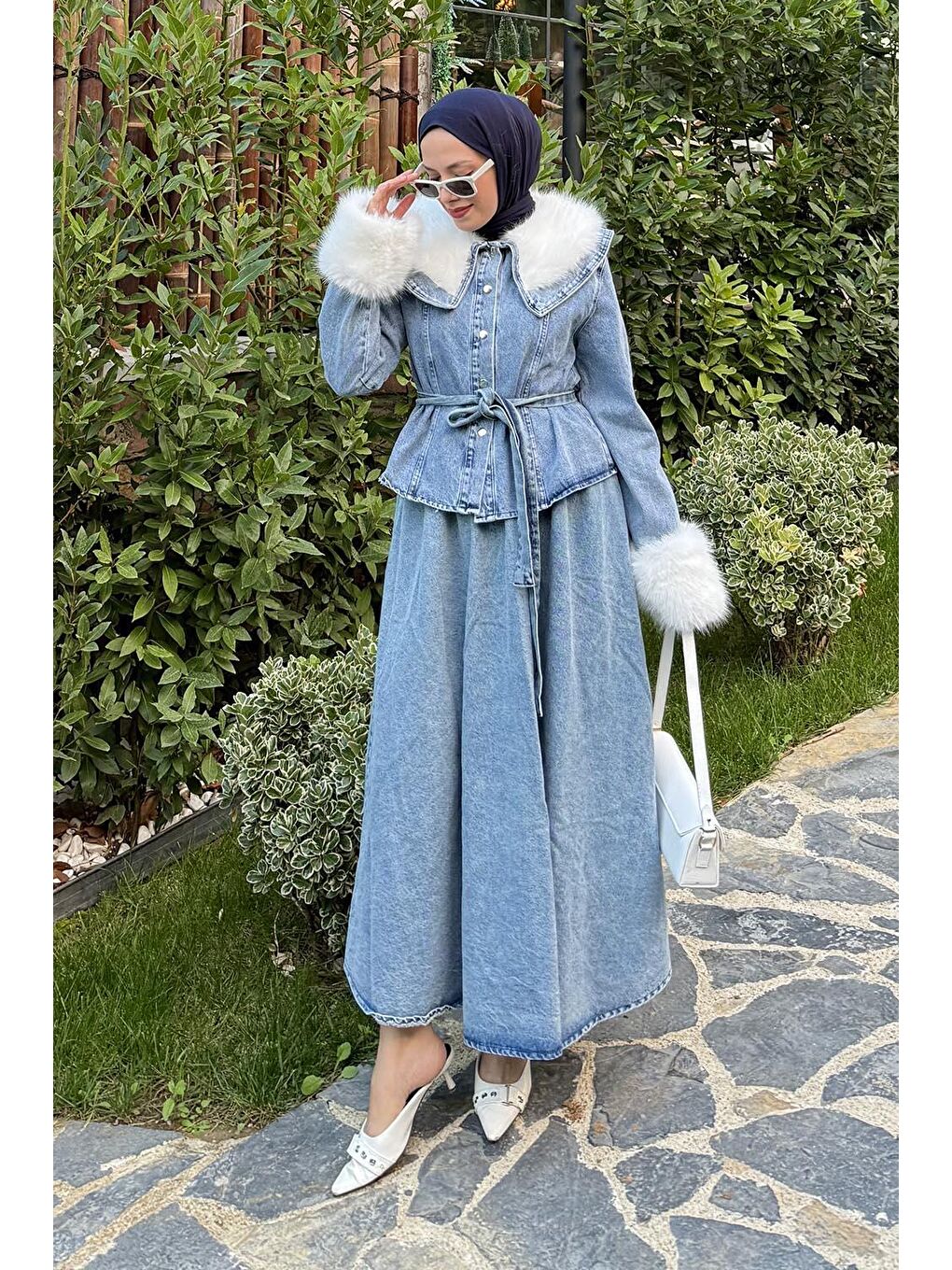 Kürk Detaylı Denim Takım Jean Mavi