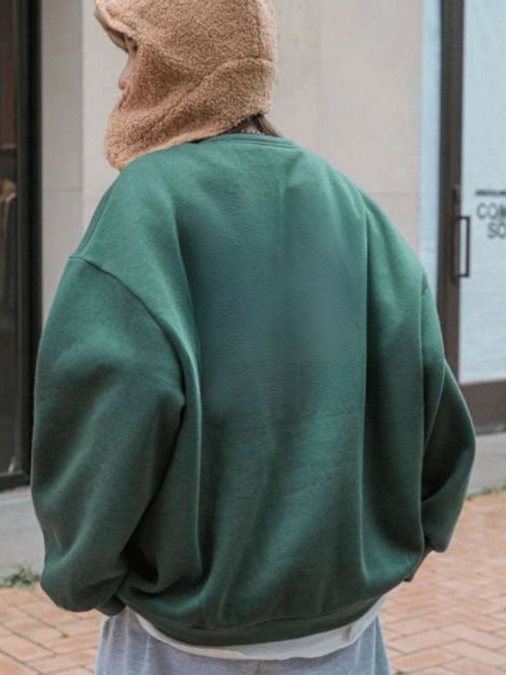 Yeşil Kadın Nefti Baskısız Oversize Bisiklet Yaka Sweatshirt-1