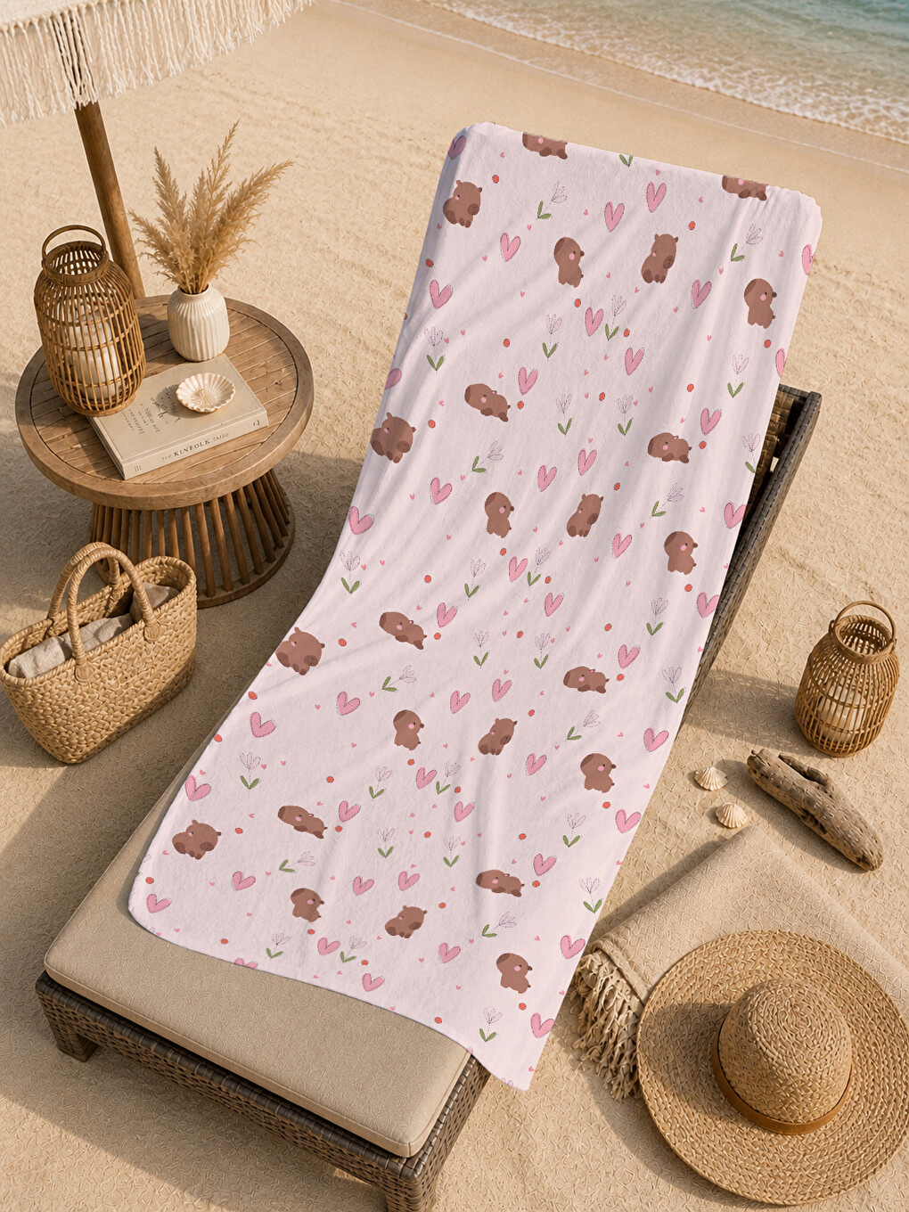 Pembe Minik Yaz Motifleri Desenli 70x150 Cm Dijital Baskılı Plaj Ve Banyo Havlusu-4