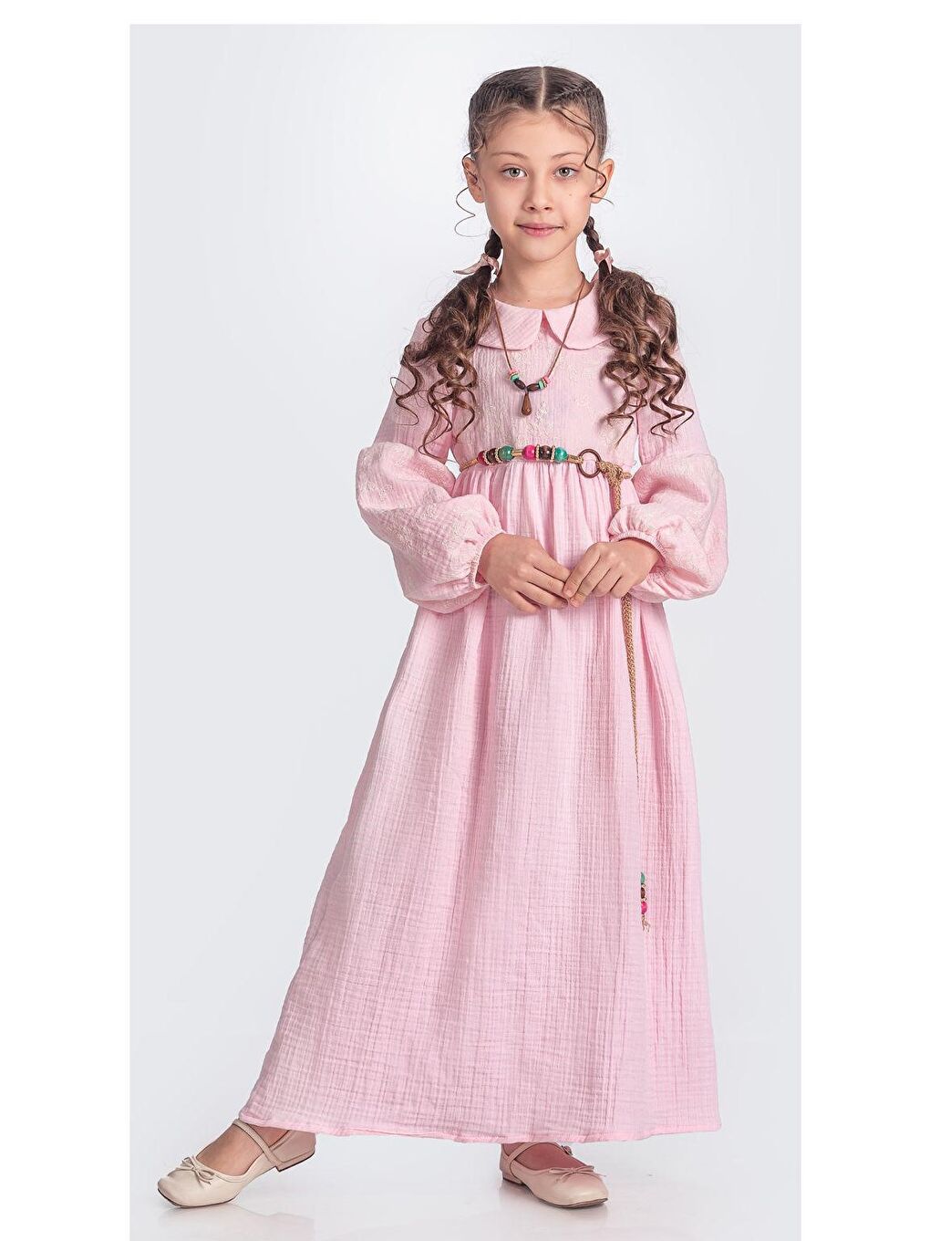 Pembe Müslin Kumaş Kız Çocuk Uzun Kollu Elbise M00705
