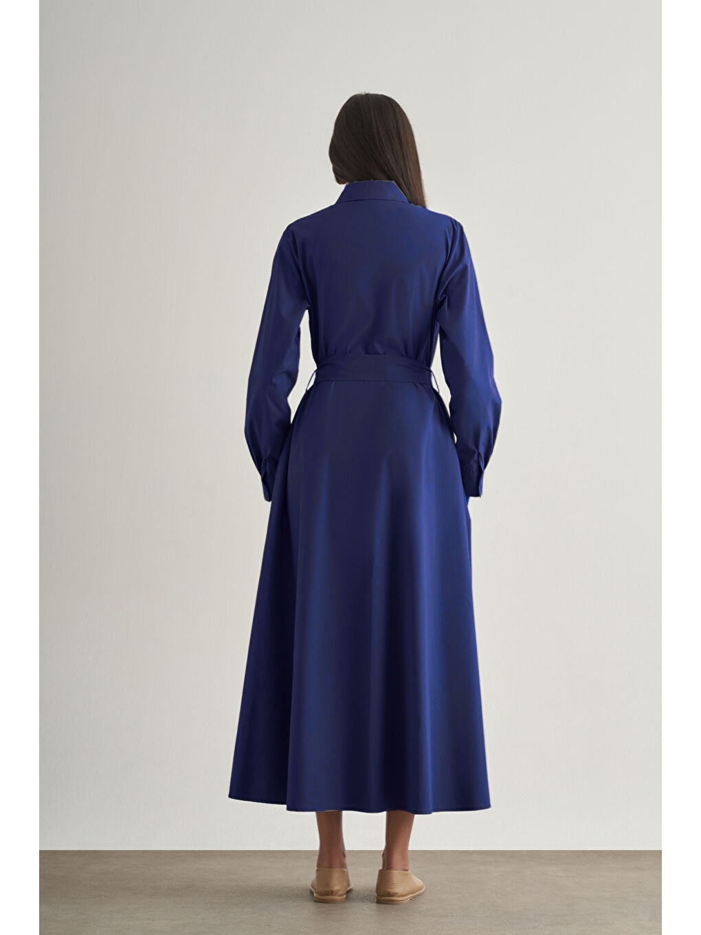 Premium Saf Pamuk Lacivert Piliseli Uzun Elbise-2