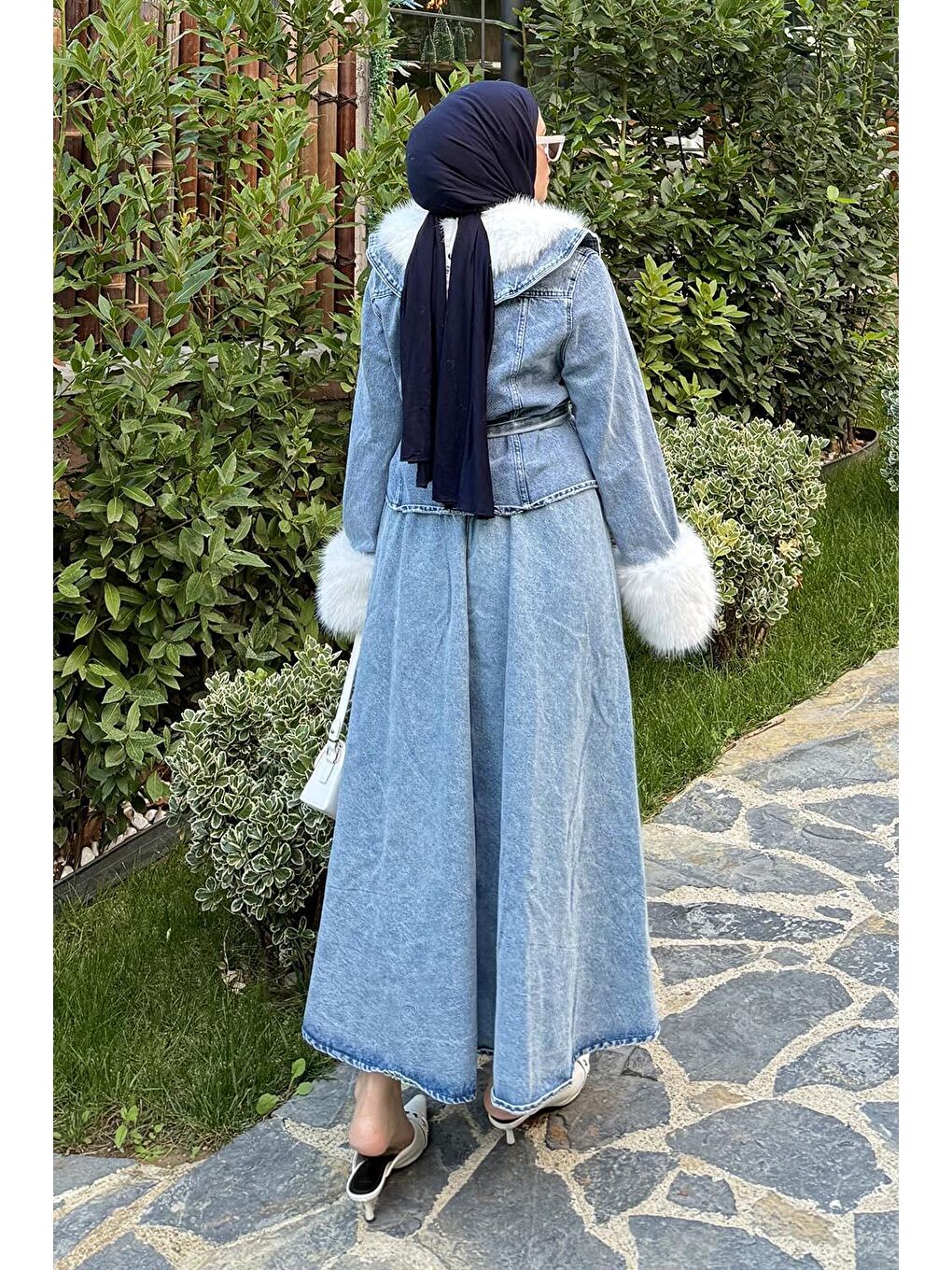 Kürk Detaylı Denim Takım Jean Mavi-3