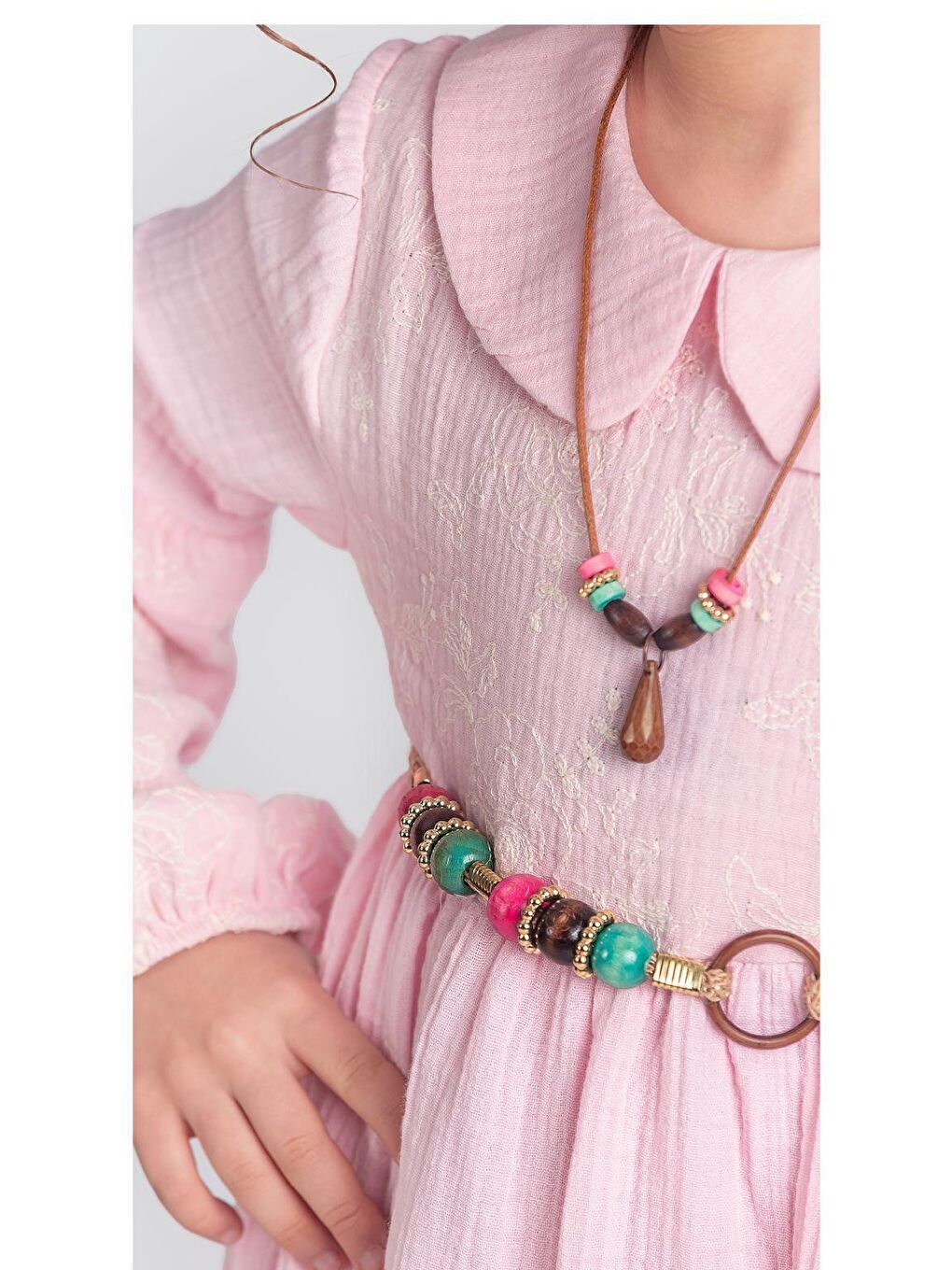 Pembe Müslin Kumaş Kız Çocuk Uzun Kollu Elbise M00705-3