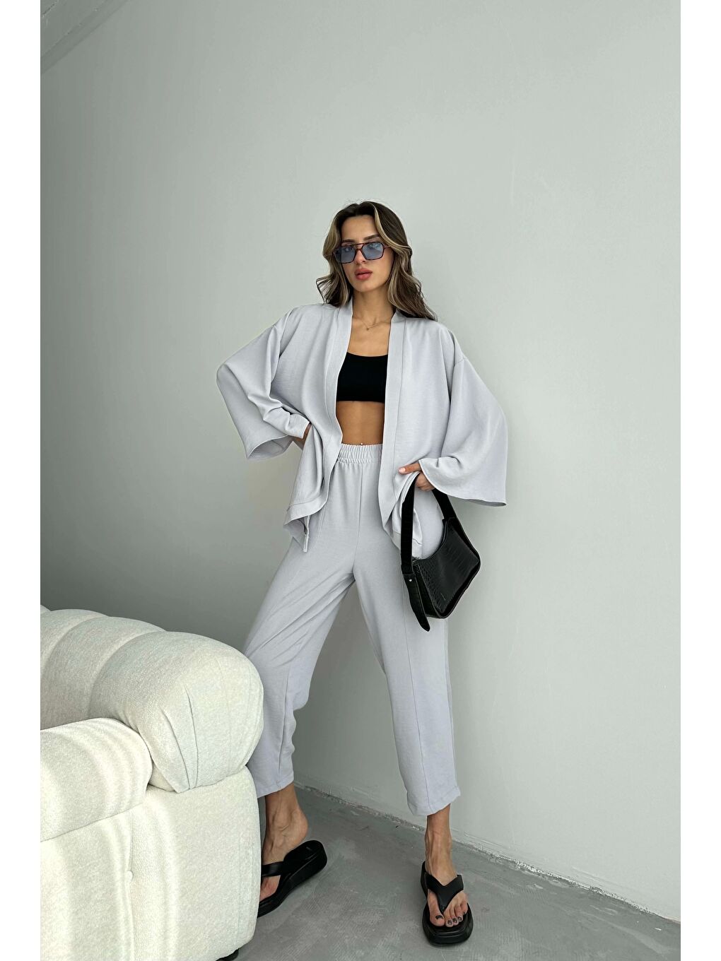Kadın Gri Kimono Takım 1018-0075-3