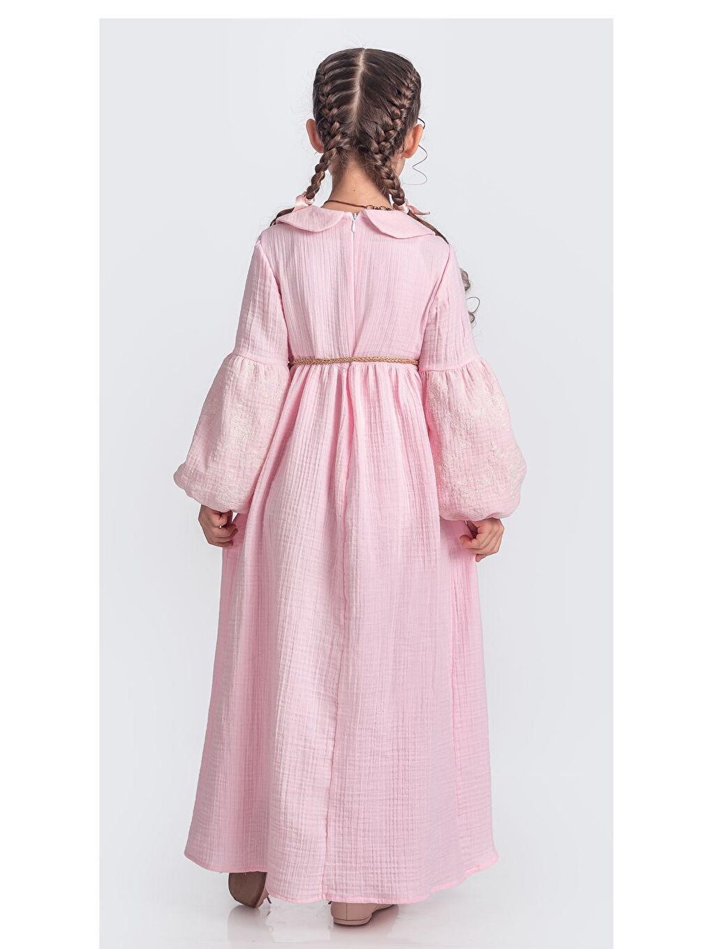 Pembe Müslin Kumaş Kız Çocuk Uzun Kollu Elbise M00705-4