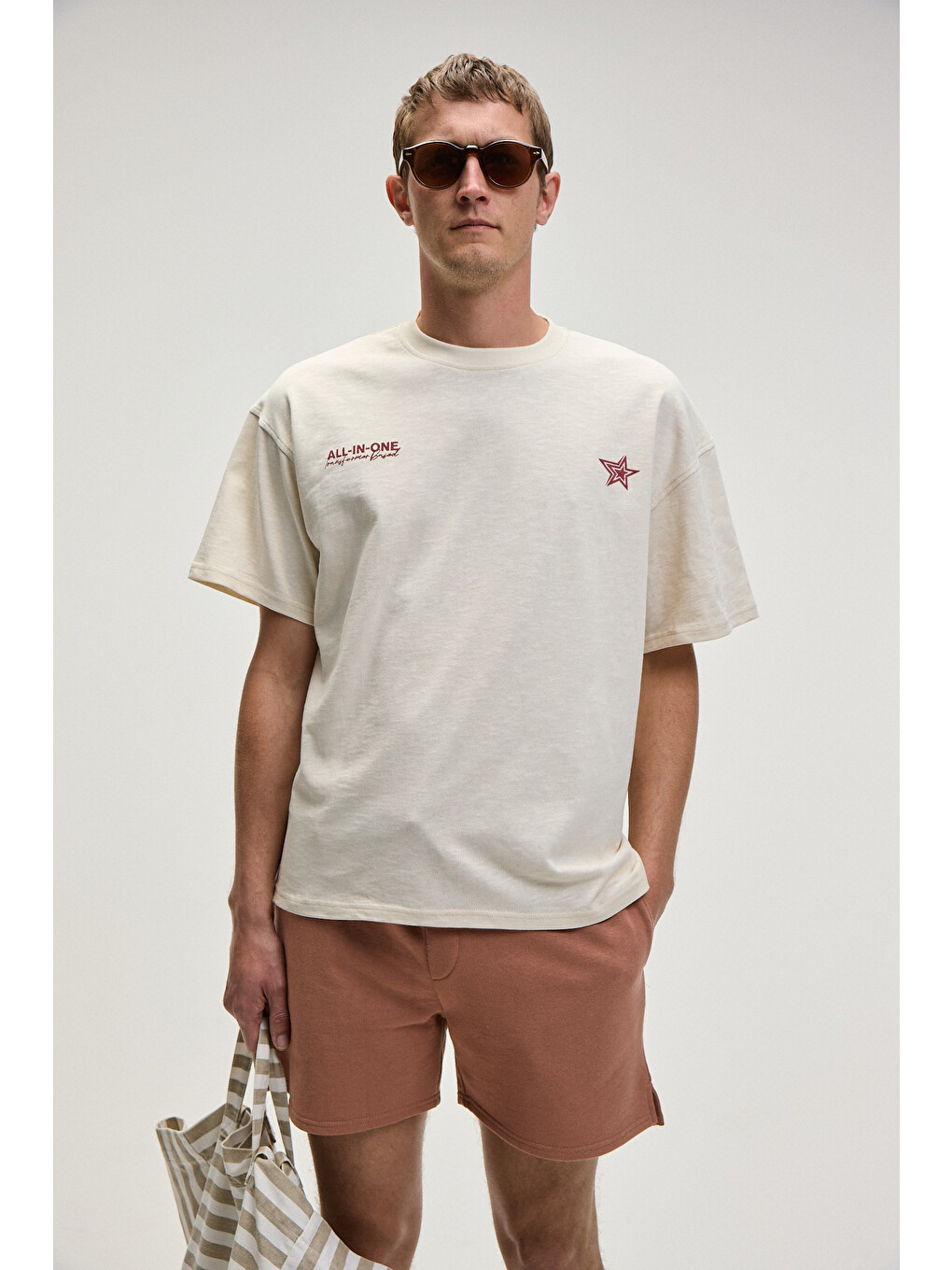 Bej Berlı Erkek Bisiklet Yaka %100 Organik Pamuklu Oversize Fit Vanilya T-shirt