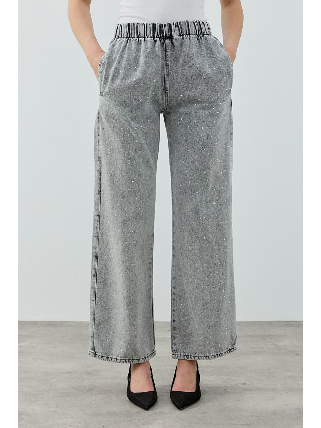 Taşlı Palazzo Denim Pantolon 1693 Koyu Gri-1
