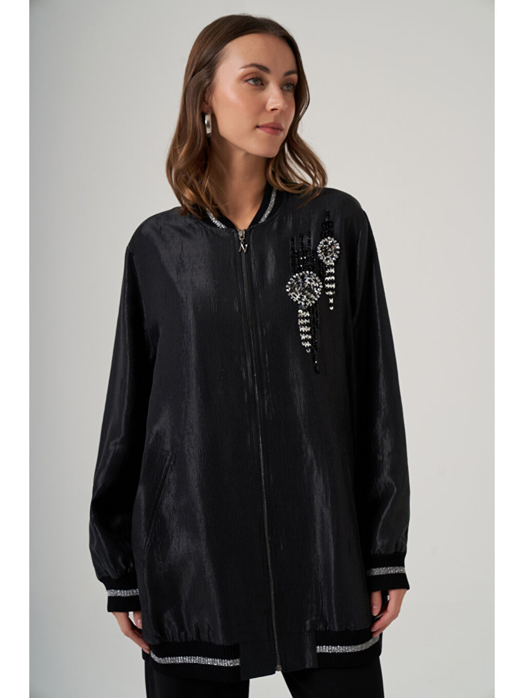 Taş İşleme Detay Kap Ceket 6038 Siyah