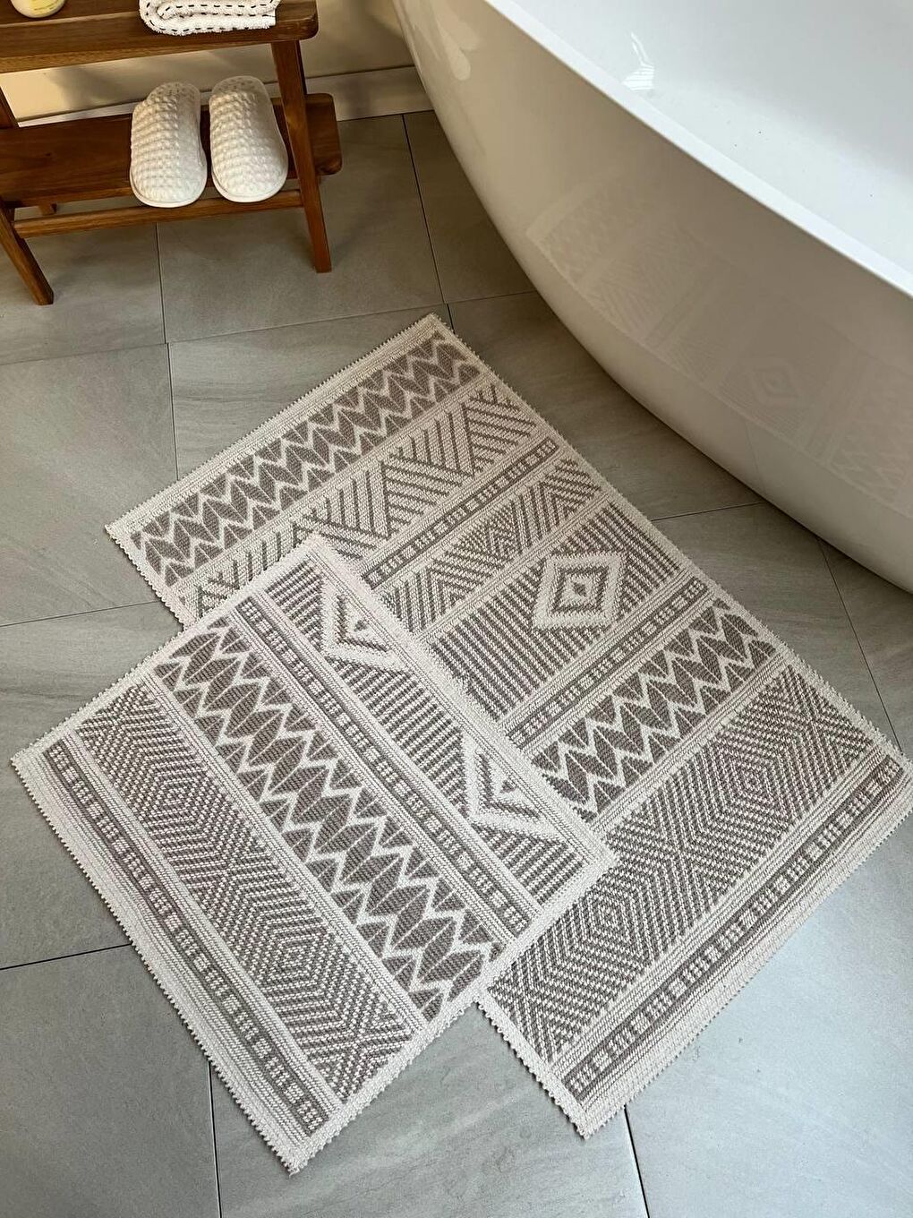 Bej Marina Doğal Pamuklu 2'li Banyo Paspas Seti 60x100+50x60 Cm - Taş