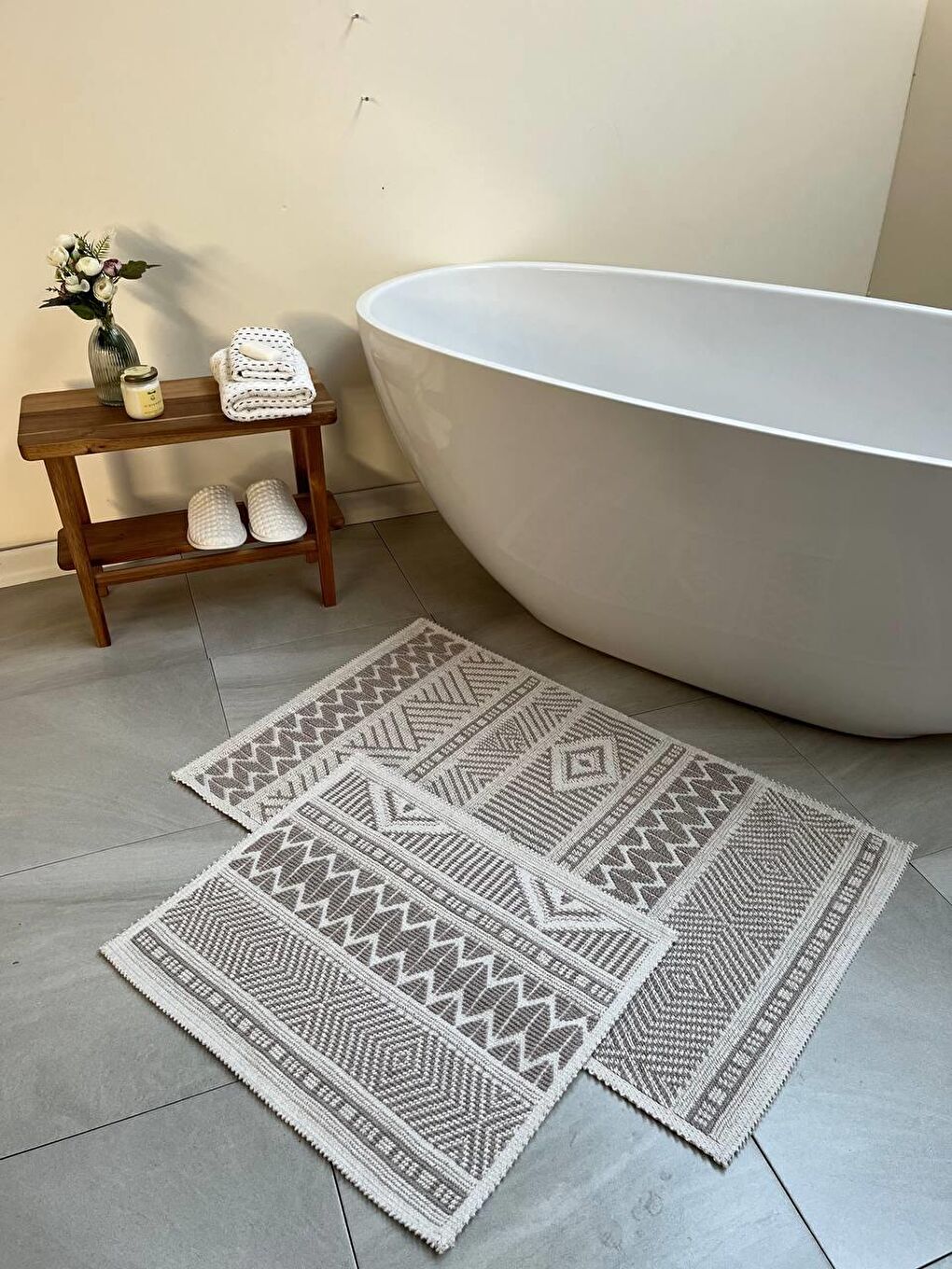 Bej Marina Doğal Pamuklu 2'li Banyo Paspas Seti 60x100+50x60 Cm - Taş-1