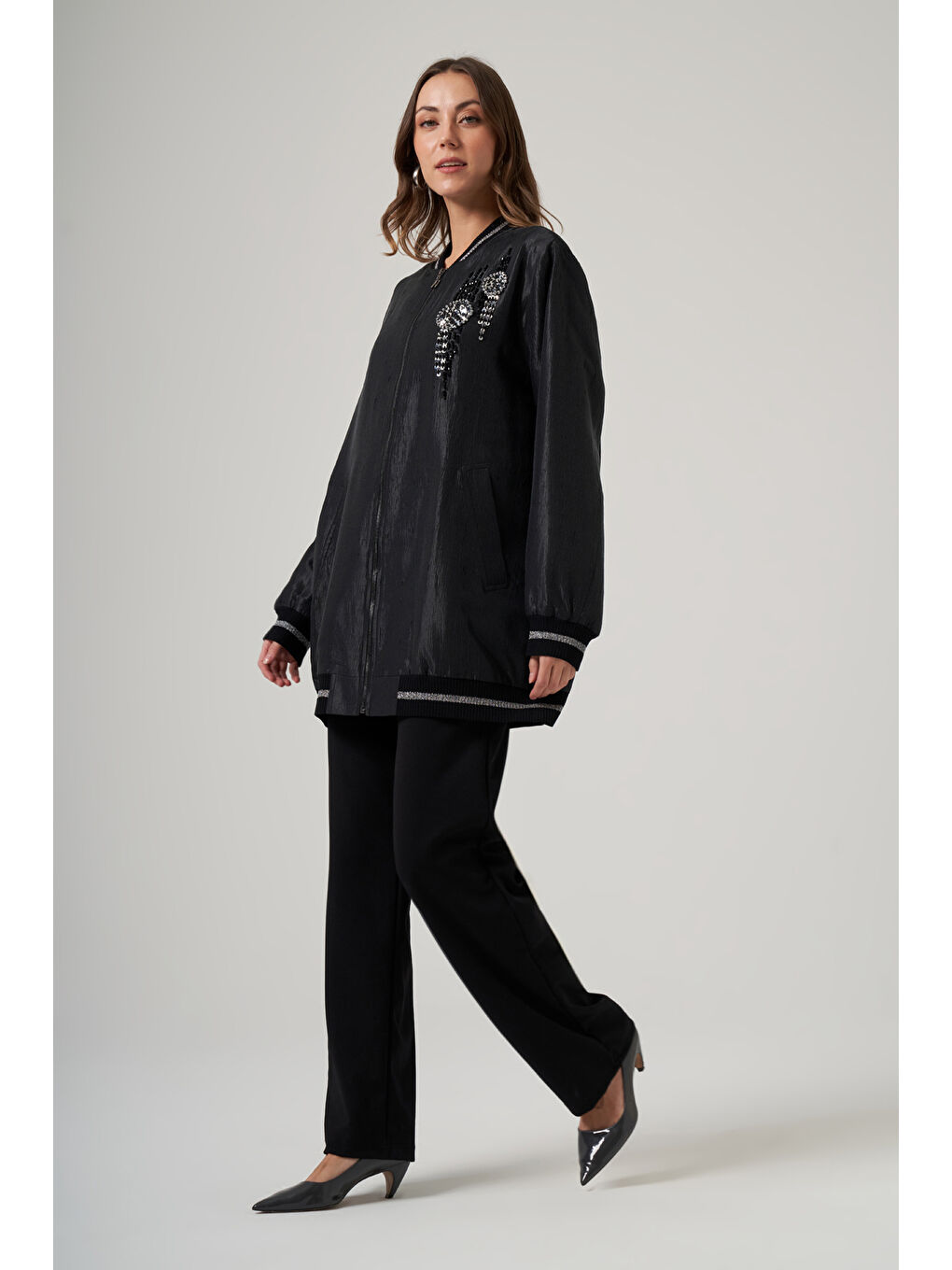 Taş İşleme Detay Kap Ceket 6038 Siyah-1