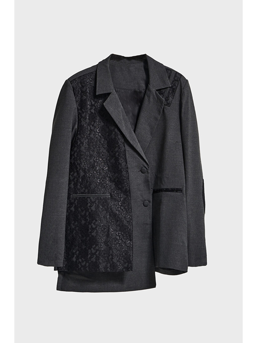 Kadın Antrasit Renk Dantel Detaylı Özel Tasarım Oversize Kruvaze Kumaş Ceket-1