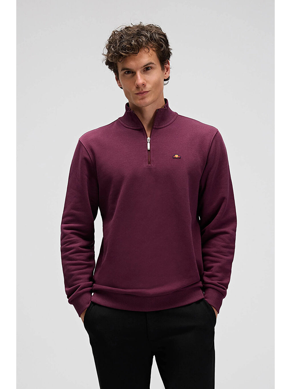 Bordo Pamuklu Regular Fit Yarım Fermuarlı Dik Yaka Sweat EM580-BRD