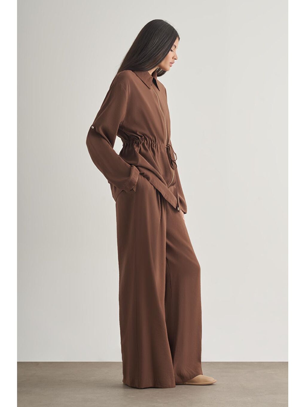 Modal Karışımlı Fermuarlı Kahverengi Tunik-1