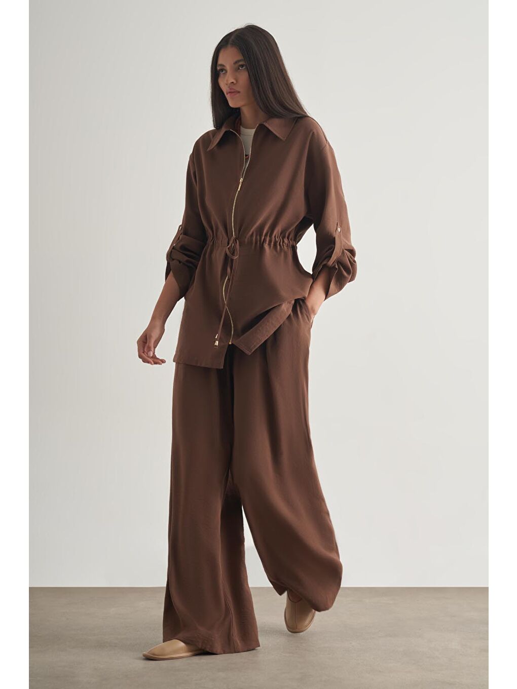 Modal Karışımlı Fermuarlı Kahverengi Tunik-2