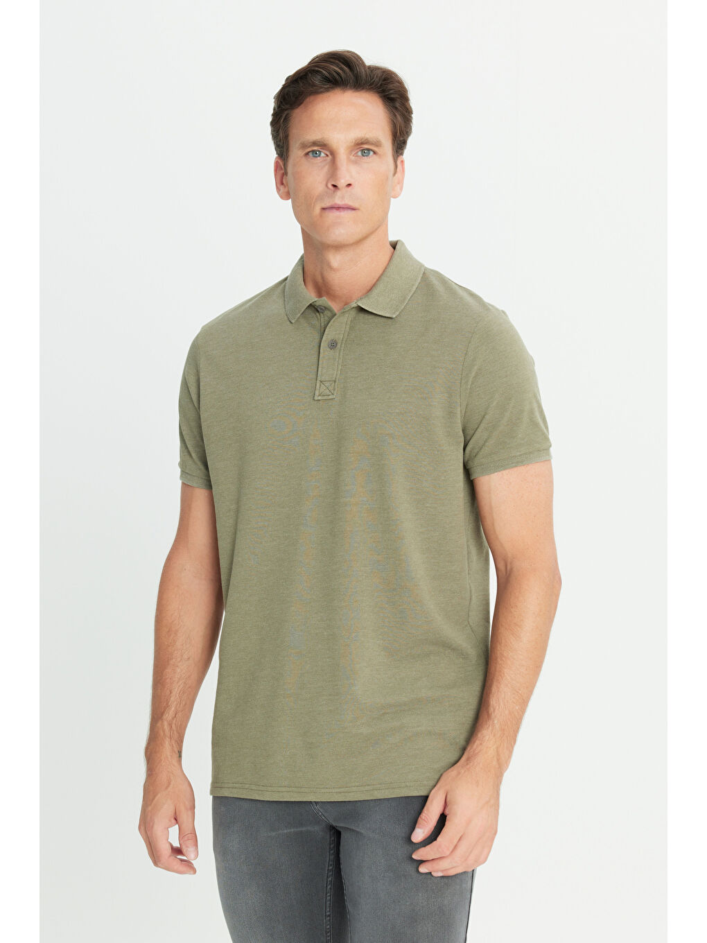 Erkek Haki Pamuklu Slim Fit Dar Kesim Polo Yaka Tişört