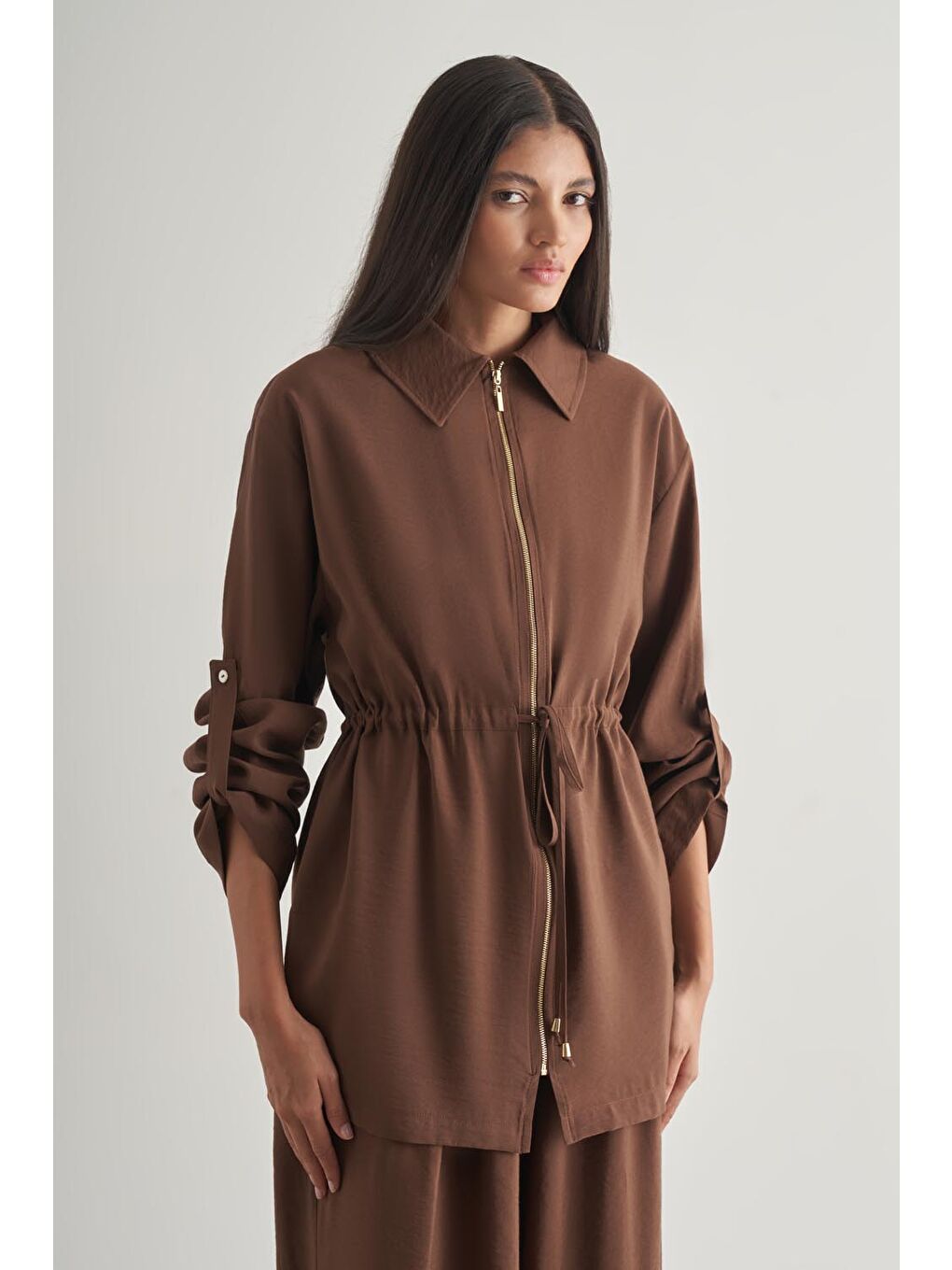 Modal Karışımlı Fermuarlı Kahverengi Tunik-3