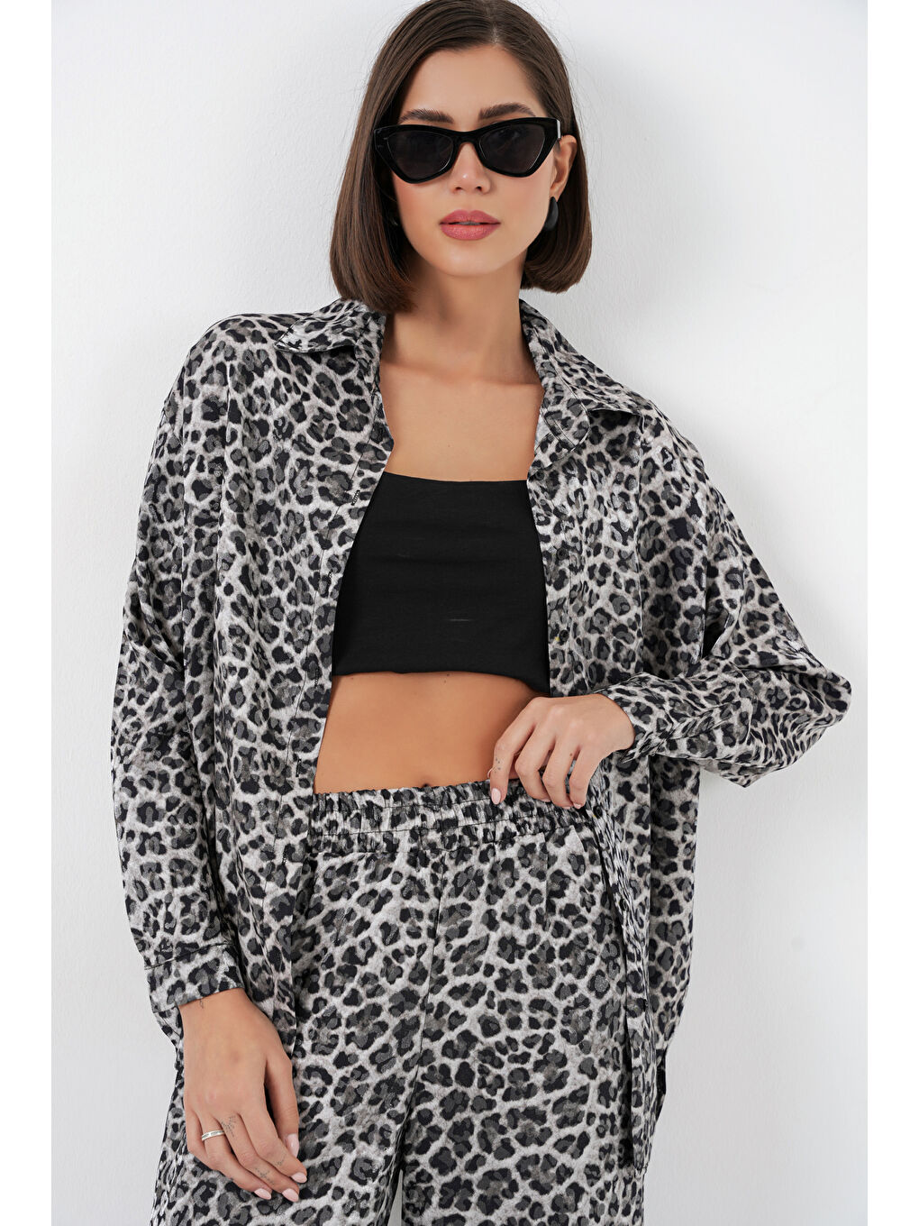6699 Leopar Desenli Alt Üst Takım - Antrasit-1