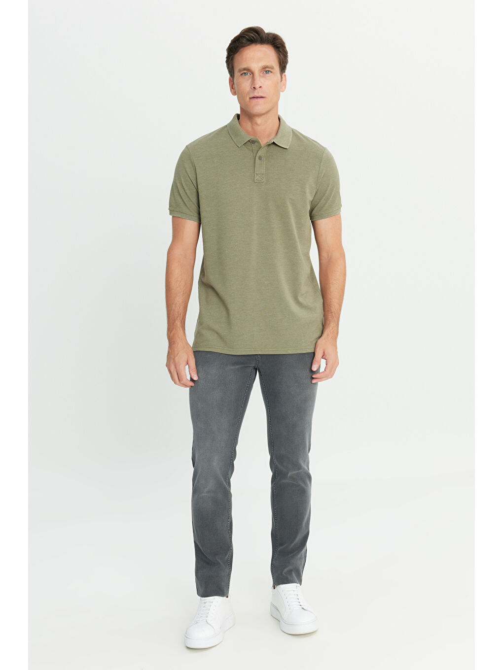 Erkek Haki Pamuklu Slim Fit Dar Kesim Polo Yaka Tişört-1