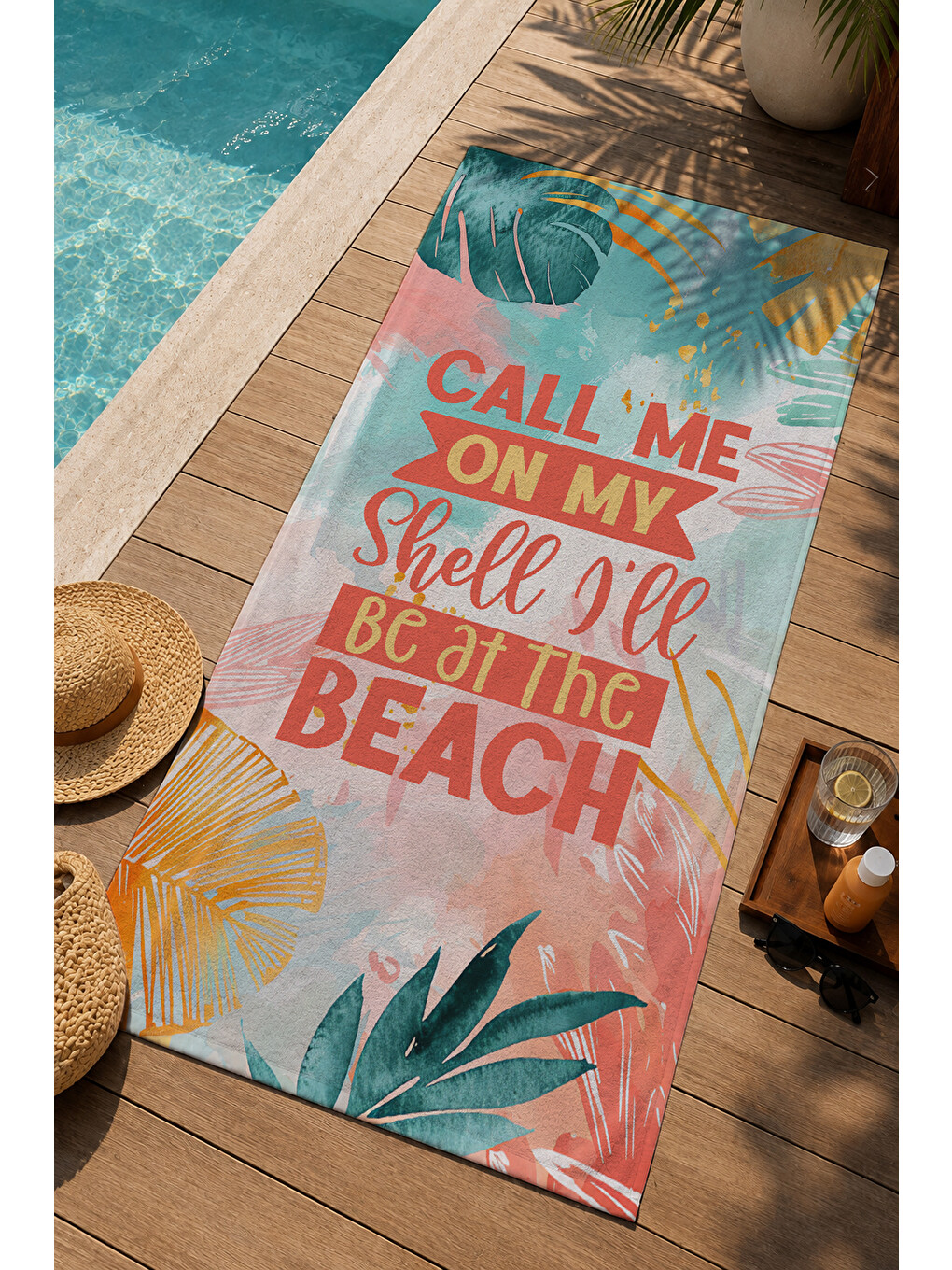 Turkuaz Tropikal Beach Sloganlı 70x150 Cm Dijital Baskılı Plaj Ve Banyo Havlusu