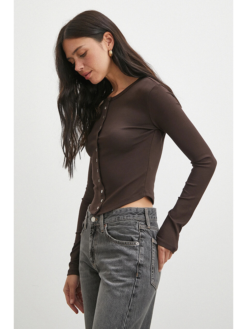 Karışık Düğmeli Uzun Kol Bluz Kahve