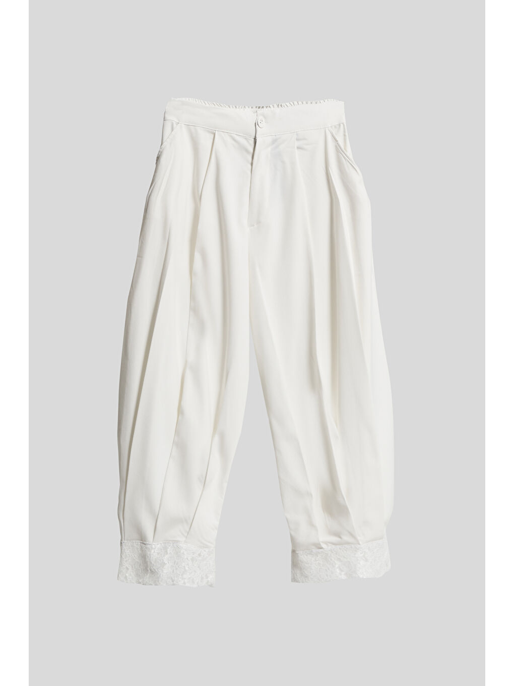 Kadın Ekru Renk Beyaz Dantel Detaylı Bol Kesim Özel Tasarım Kumaş Pantolon-1