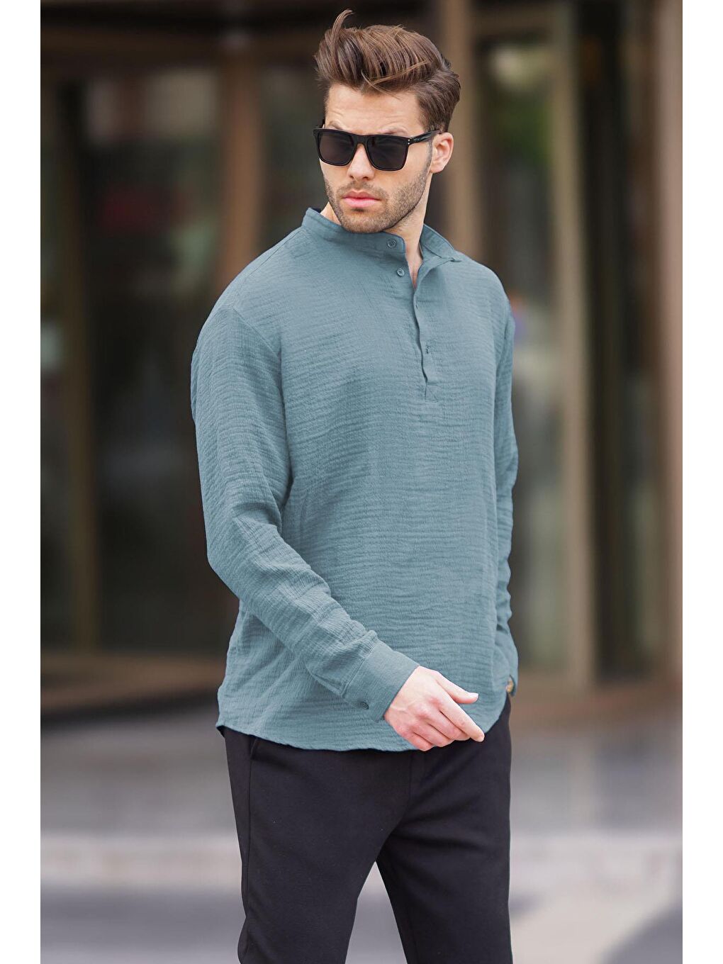 Mavi Müslin Uzun Kollu Erkek Gömlek 6742