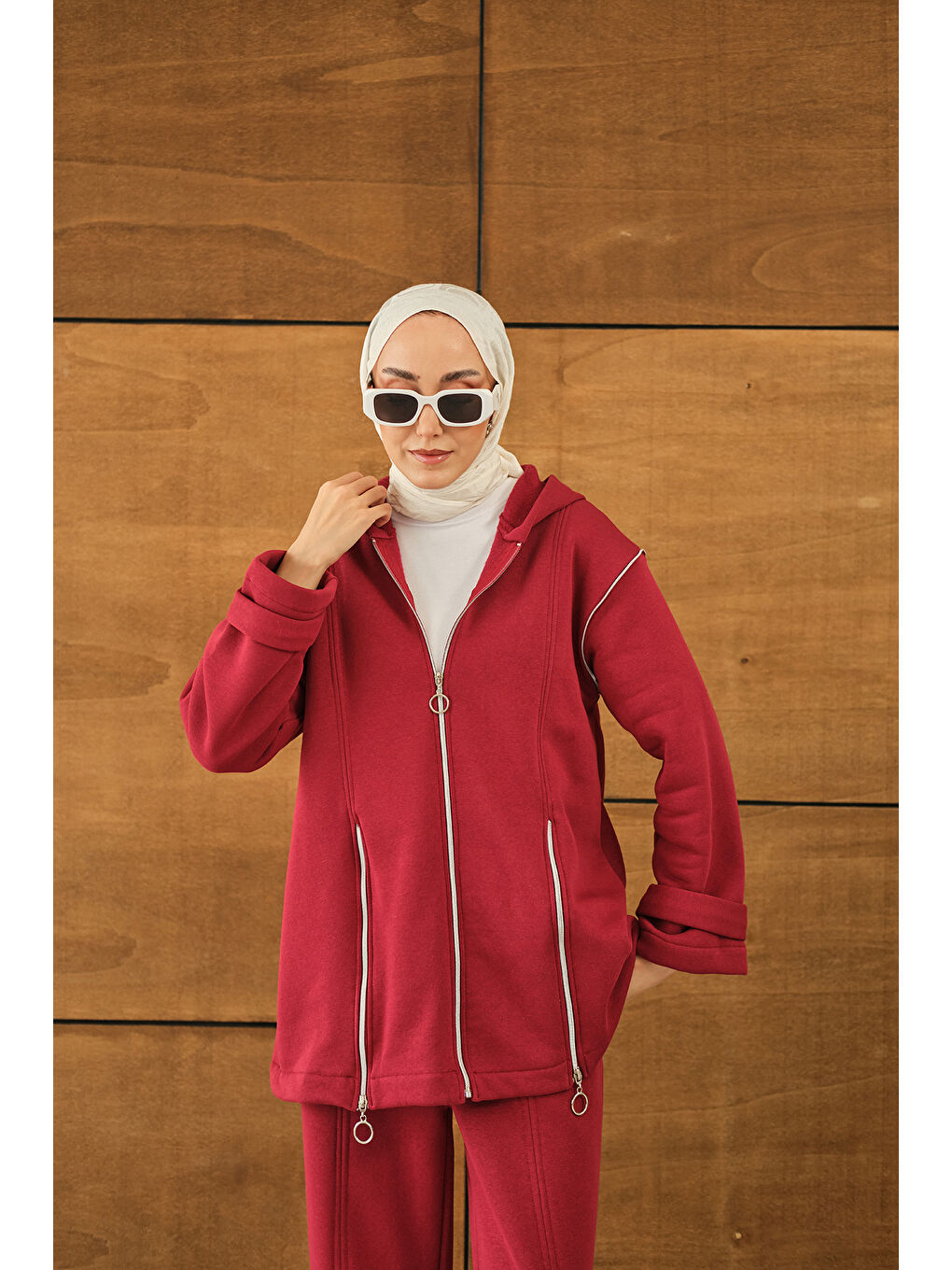 Kadın Fermuar Detaylı İkili Takım Kırmızı