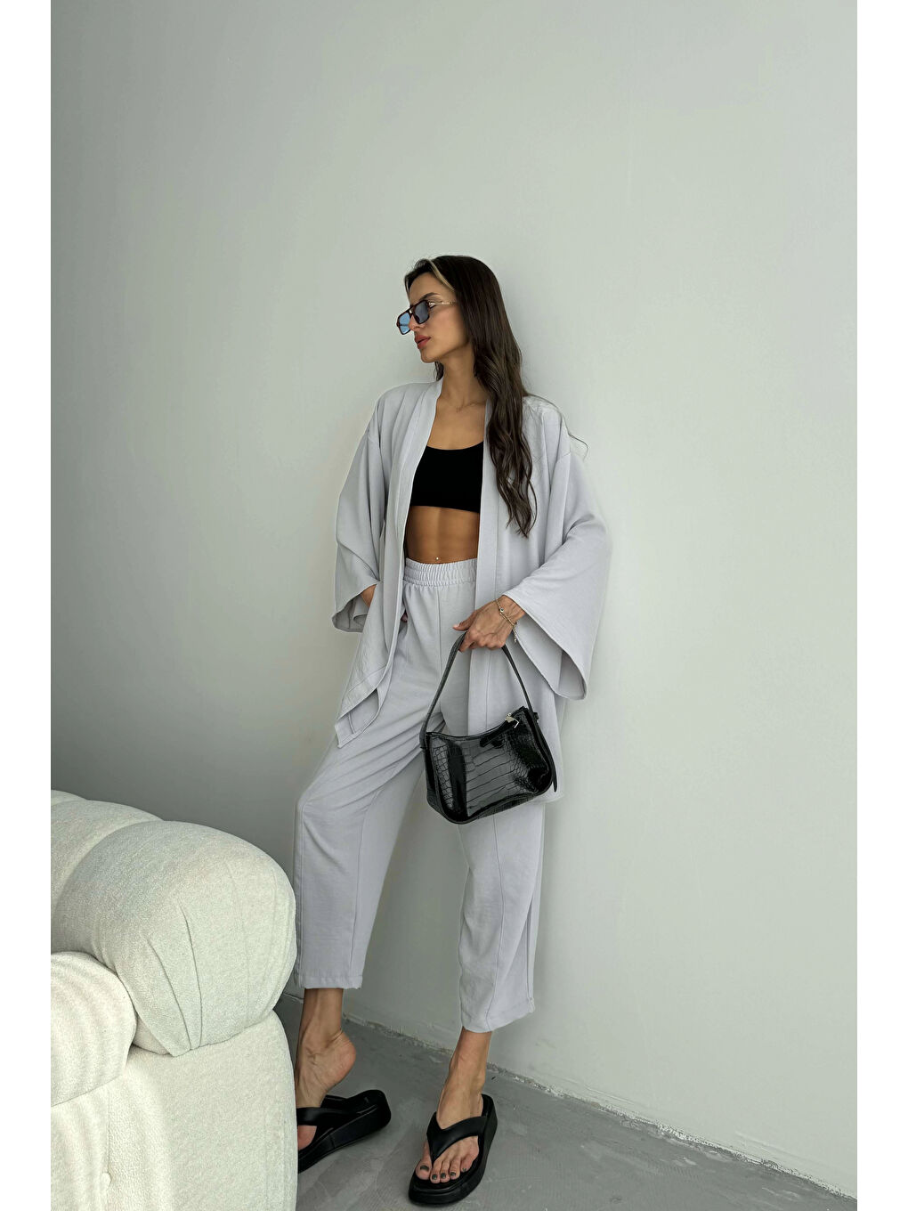 Kadın Gri Kimono Takım 1018-0075-4