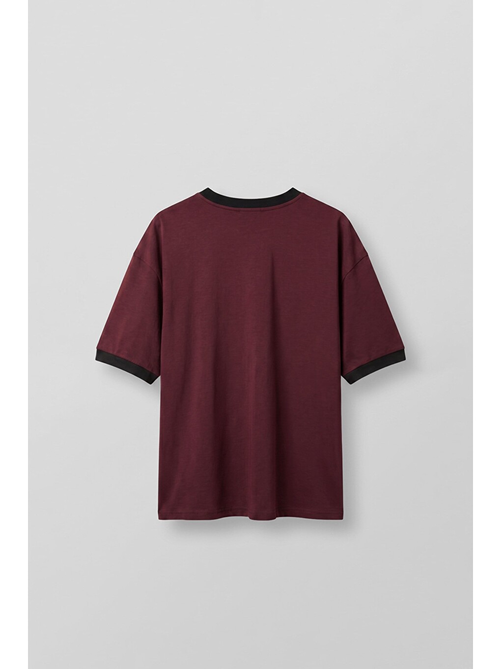 Erkek Nakış Detaylı Kontrast Bisiklet Yaka Boxy Fit T-Shirt Bordo-1