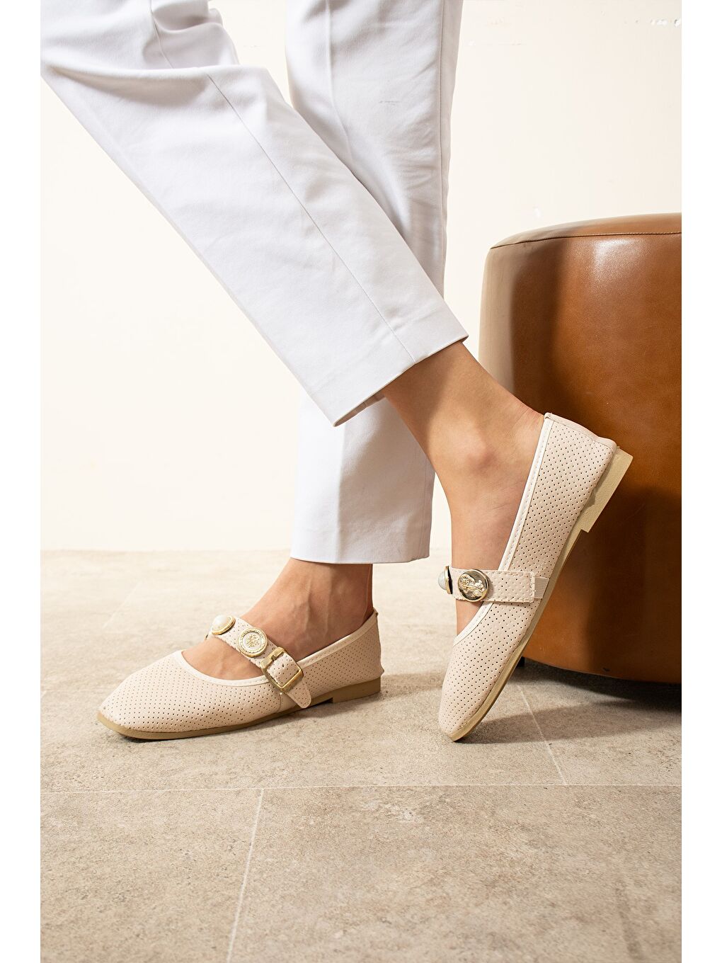 Ekru ALESSA Taşlı Kadın Babet Günlük Yazlık Bayan Ayakkabı