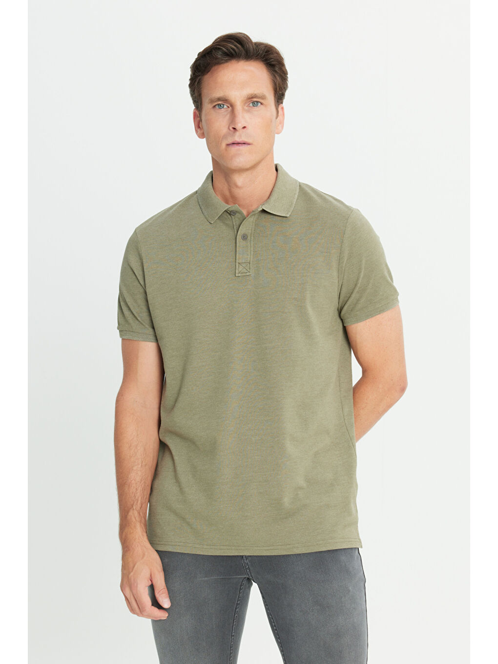 Erkek Haki Pamuklu Slim Fit Dar Kesim Polo Yaka Tişört-2