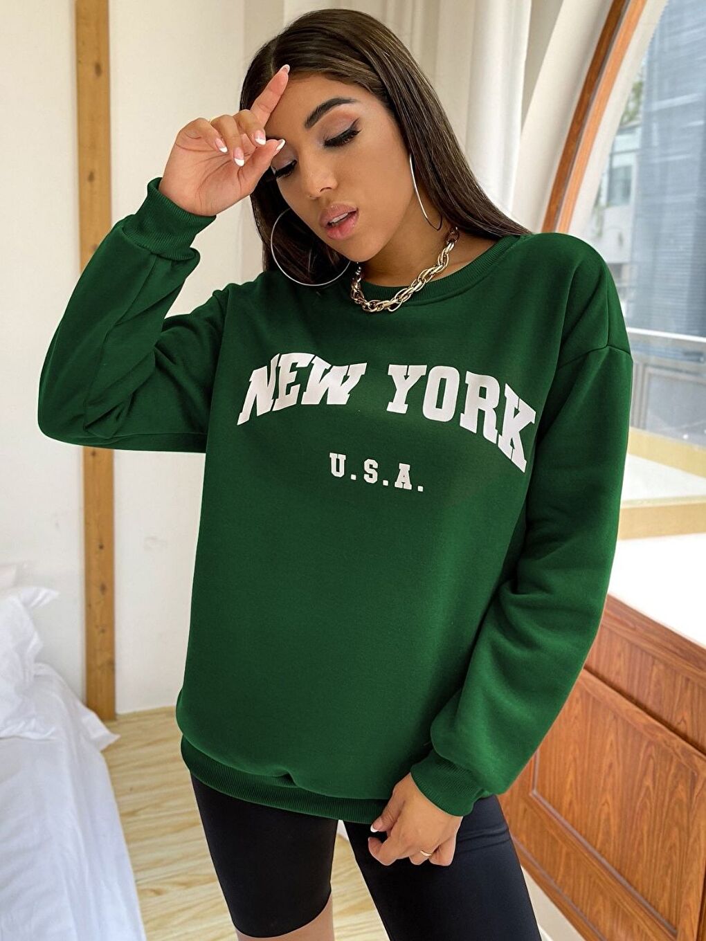 Yeşil Kadın Nefti Newyork Usa Baskılı Oversize Bisiklet Yaka Sweatshirt
