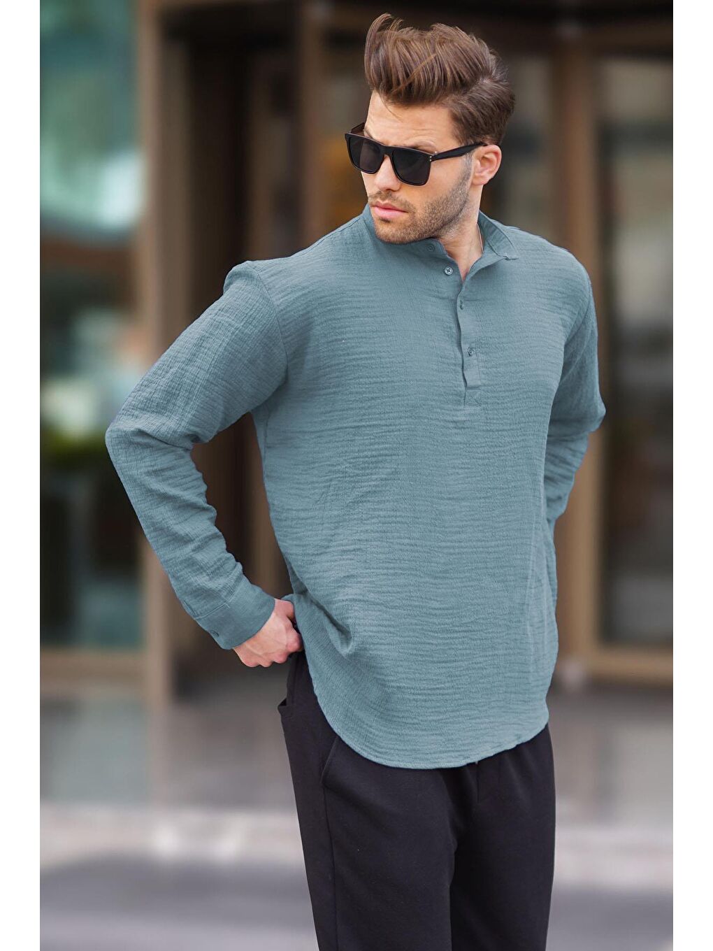 Mavi Müslin Uzun Kollu Erkek Gömlek 6742-1