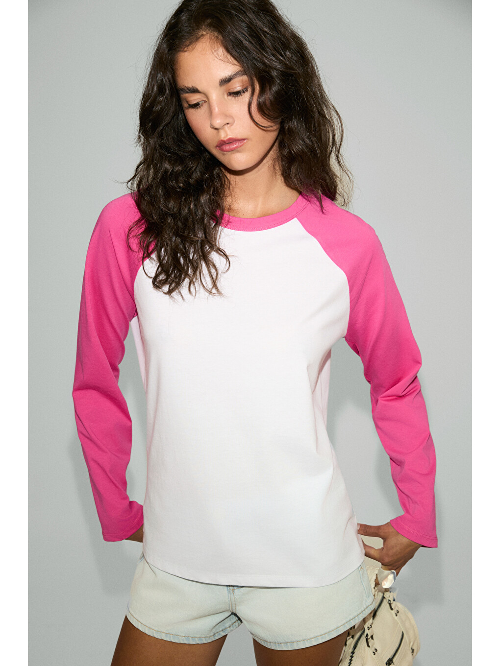 Elarıah Kadın %100 Organik Pamuklu Kontrast Kol Renkli Oversıze Uzun Kollu Pembe T-shirt