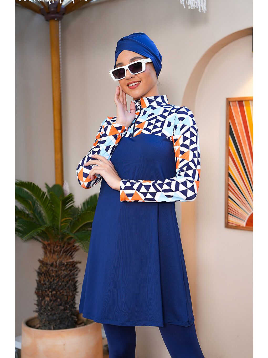 Lacivert Fermuar Detaylı Uzun Kollu Kapalı Tesettür Mayo 3756-3