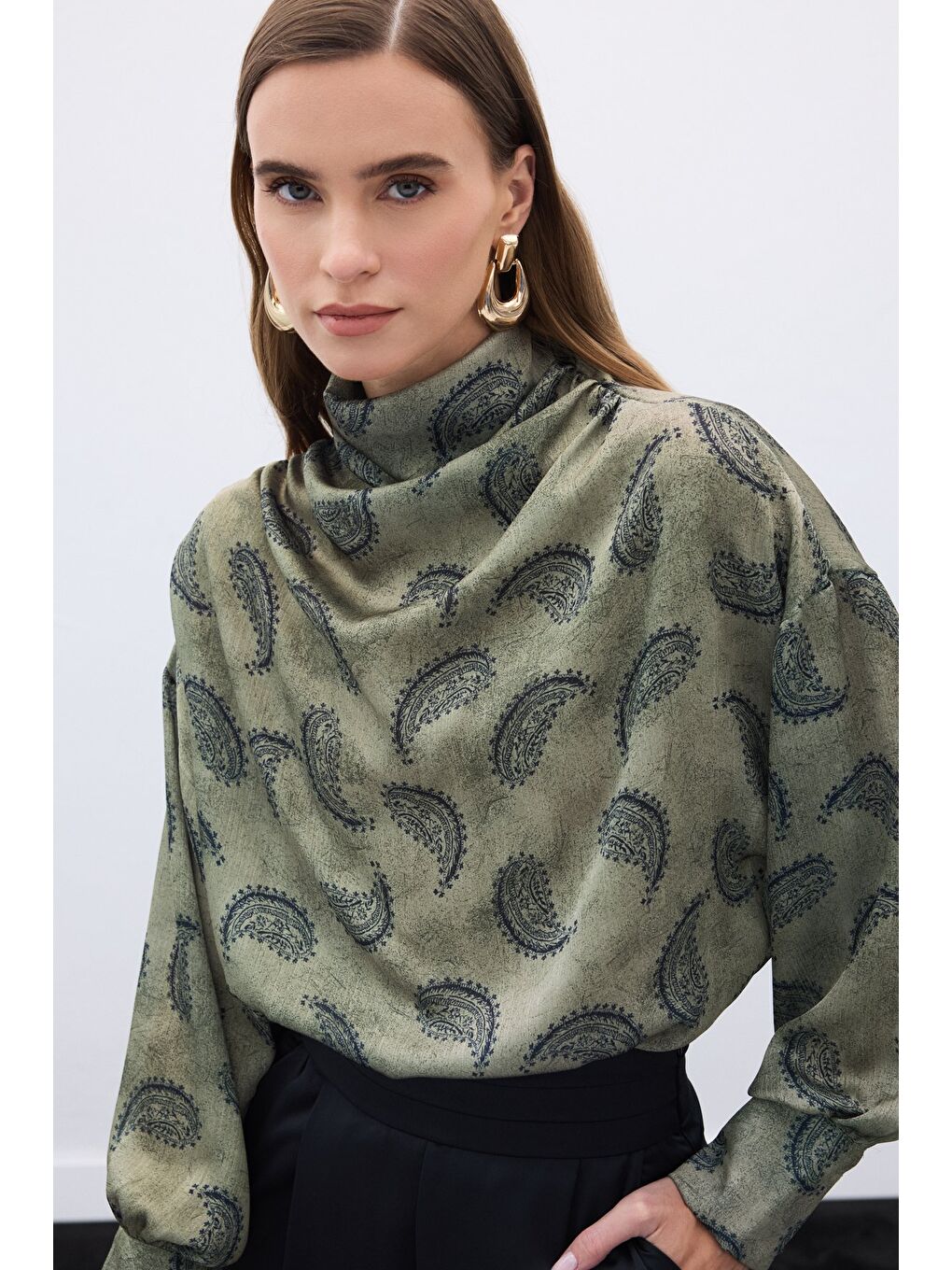 Degaje Yaka Desenli Bluz - Haki-5