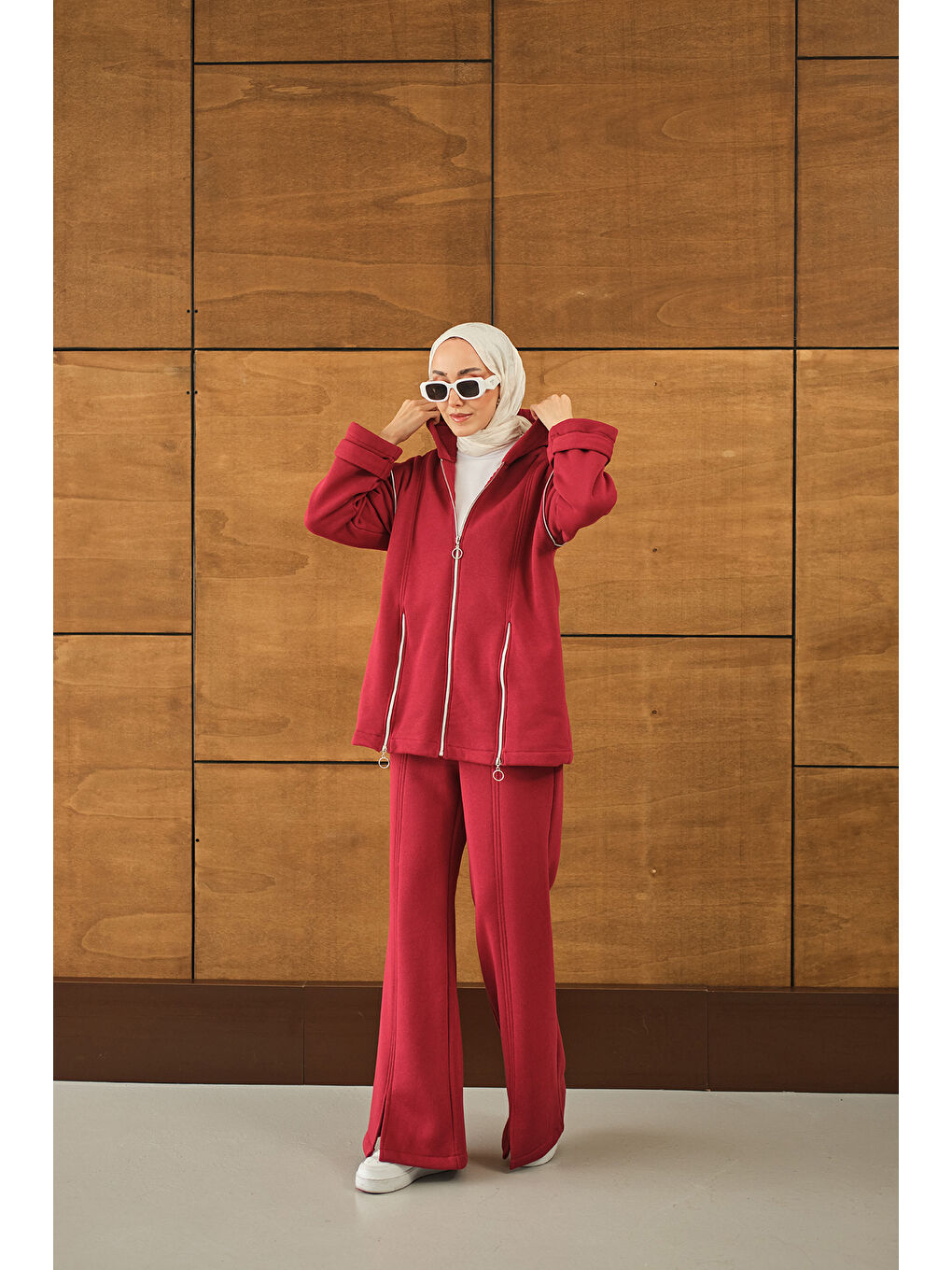 Kadın Fermuar Detaylı İkili Takım Kırmızı-1