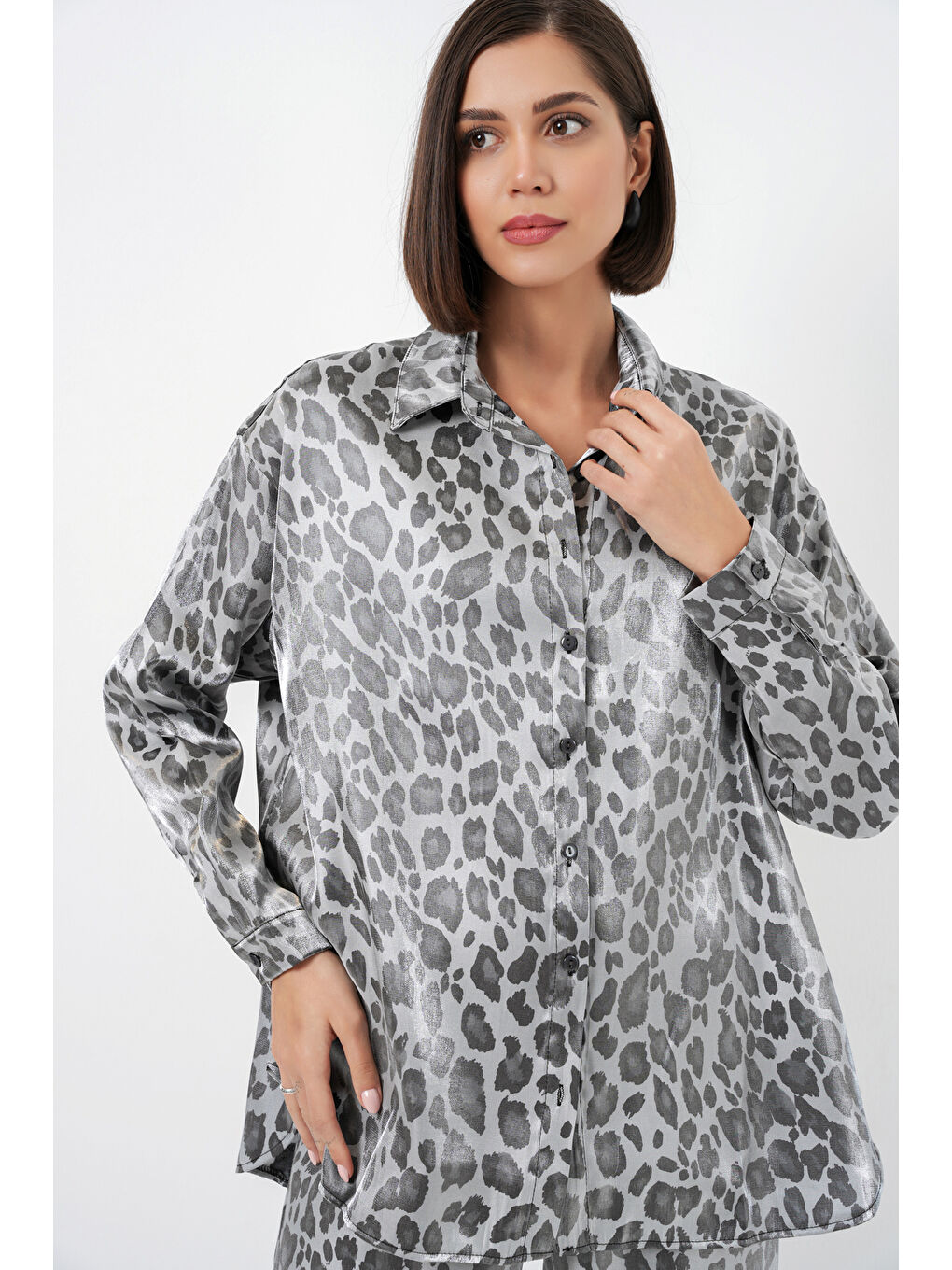 6699 Leopar Desenli Alt Üst Takım - Gri-1