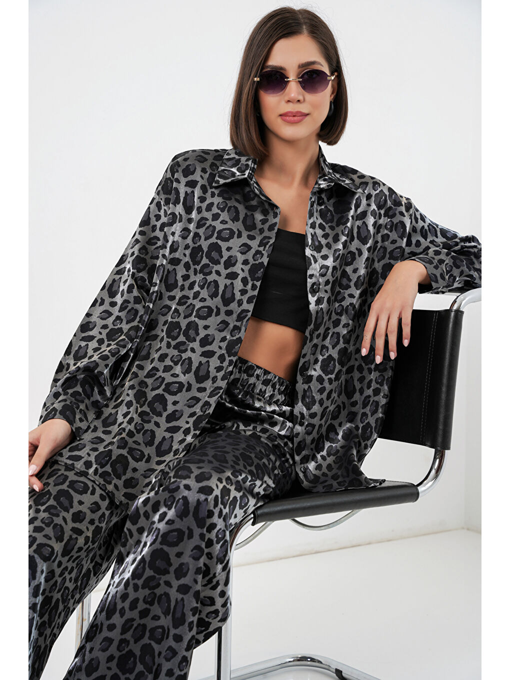 6699 Leopar Desenli Alt Üst Takım - Siyah-3