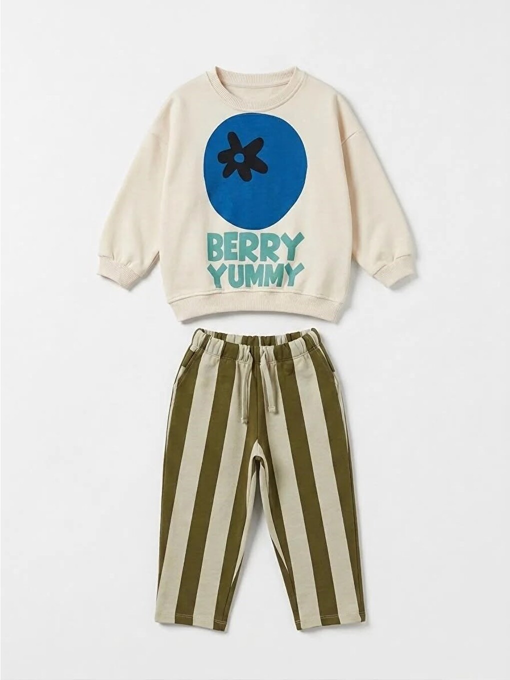 Karışık Çocuk Yaban Mersini Baskılı Ekru Sweatshirt Ve Yeşil Çizgili Eşofman Takımı-3