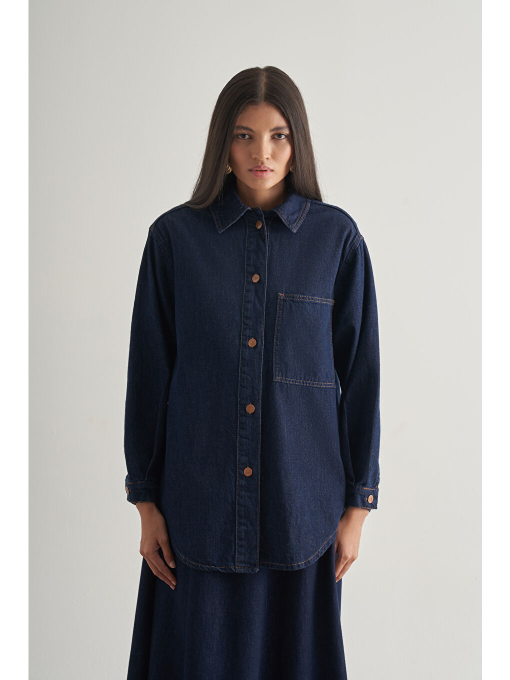 Oversize Düğmeli Lacivert Denim Tunik